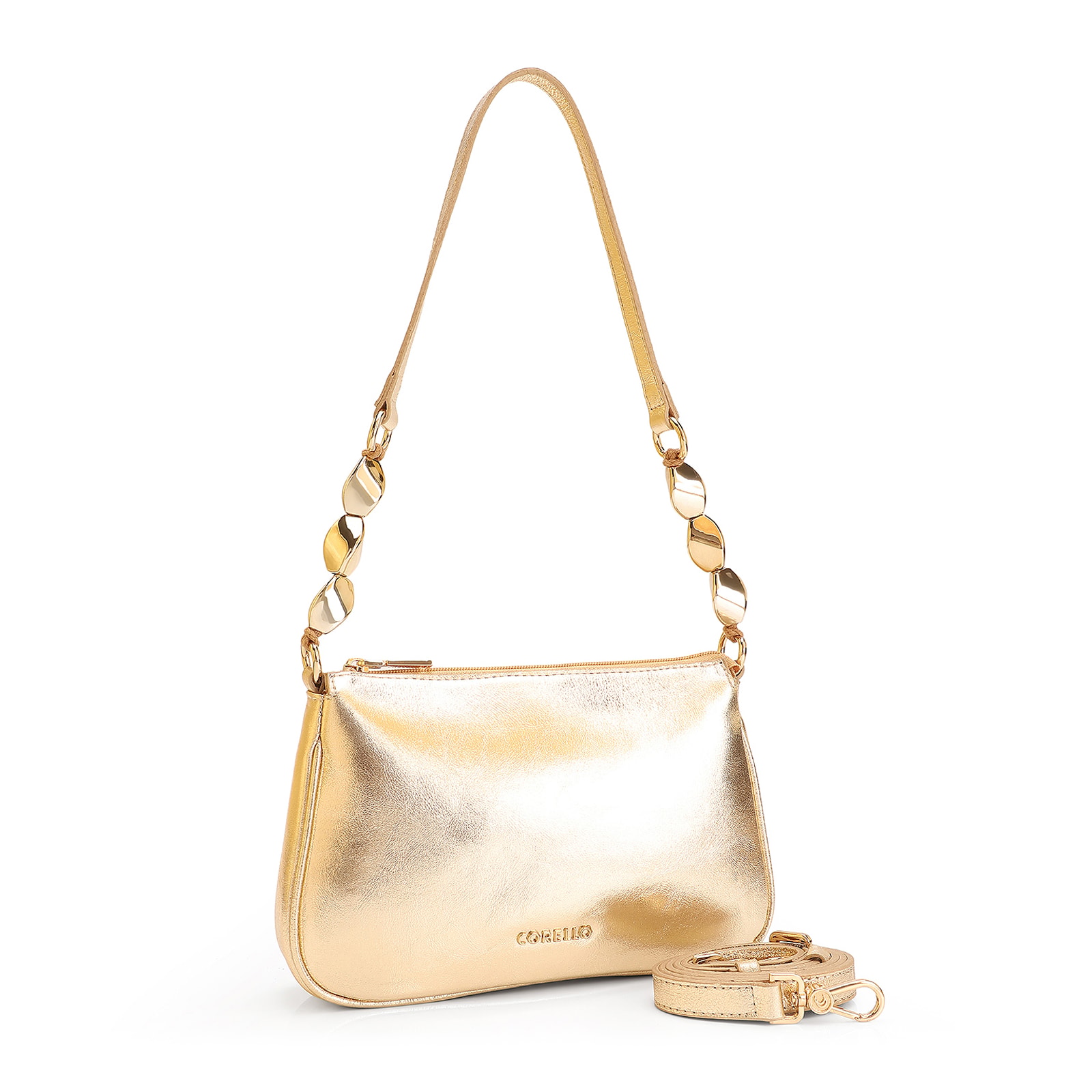 Bolsa De Ombro Pedras Couro Dourado