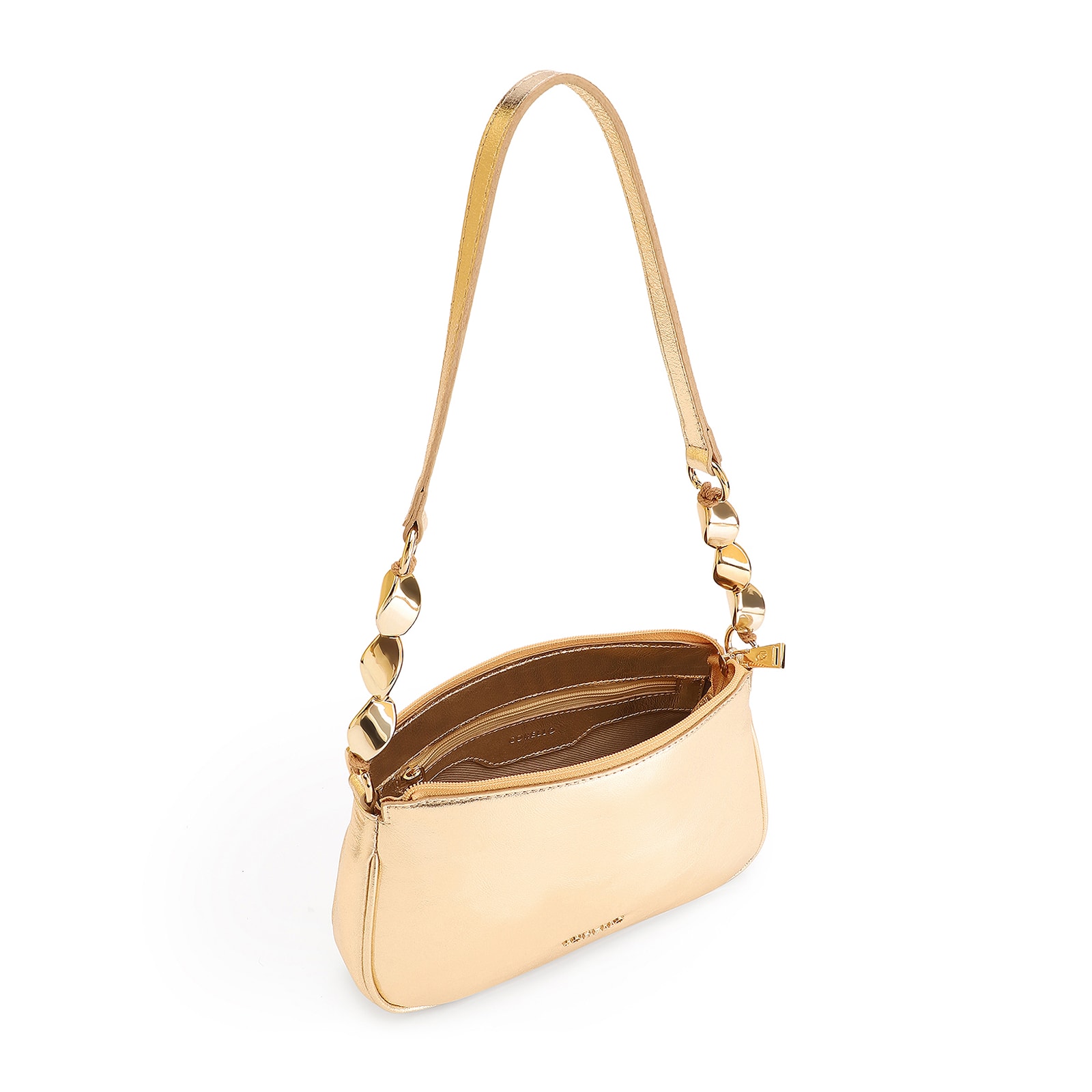 Bolsa De Ombro Pedras Couro Dourado