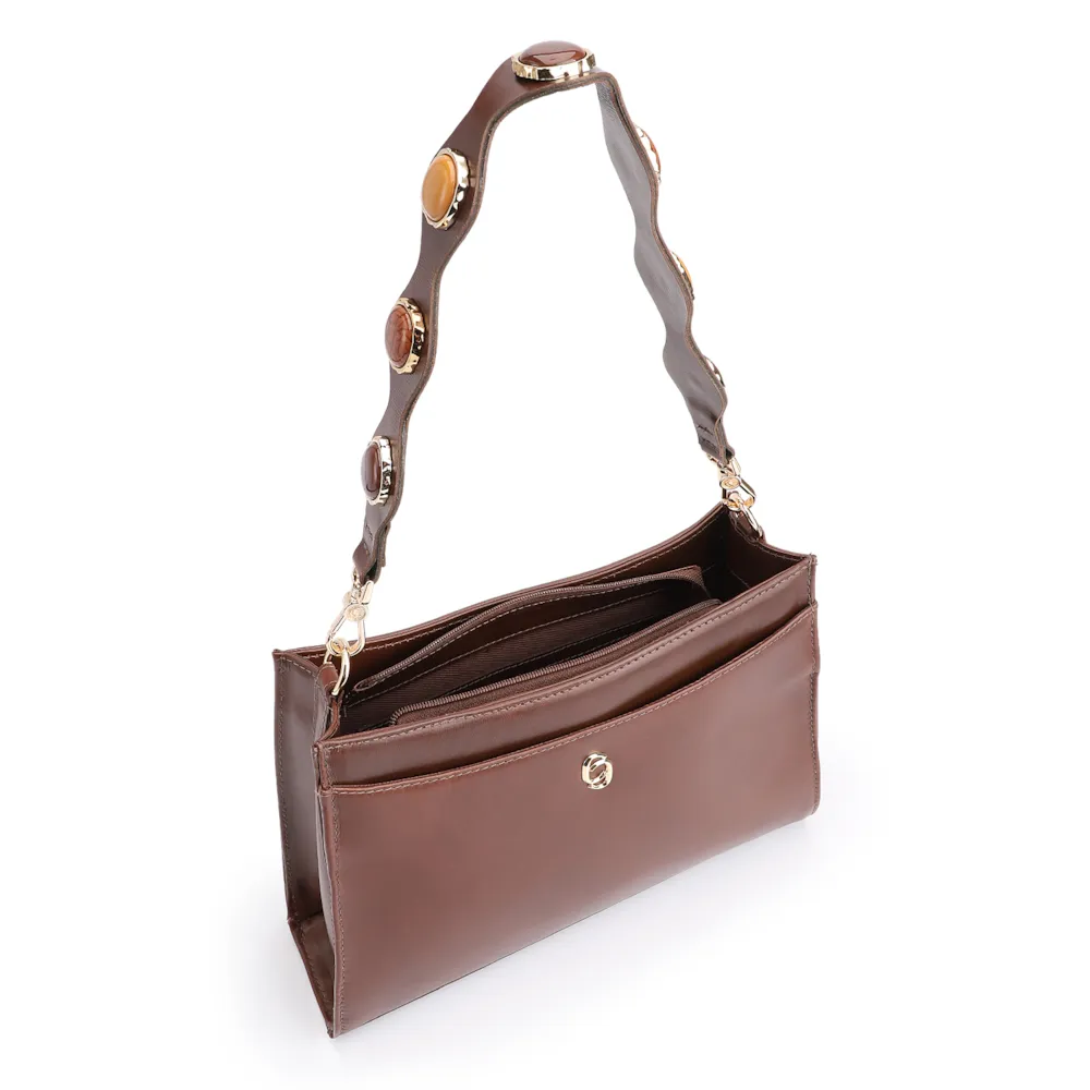 Bolsa De Ombro Pedras Couro Marrom - imagem 4