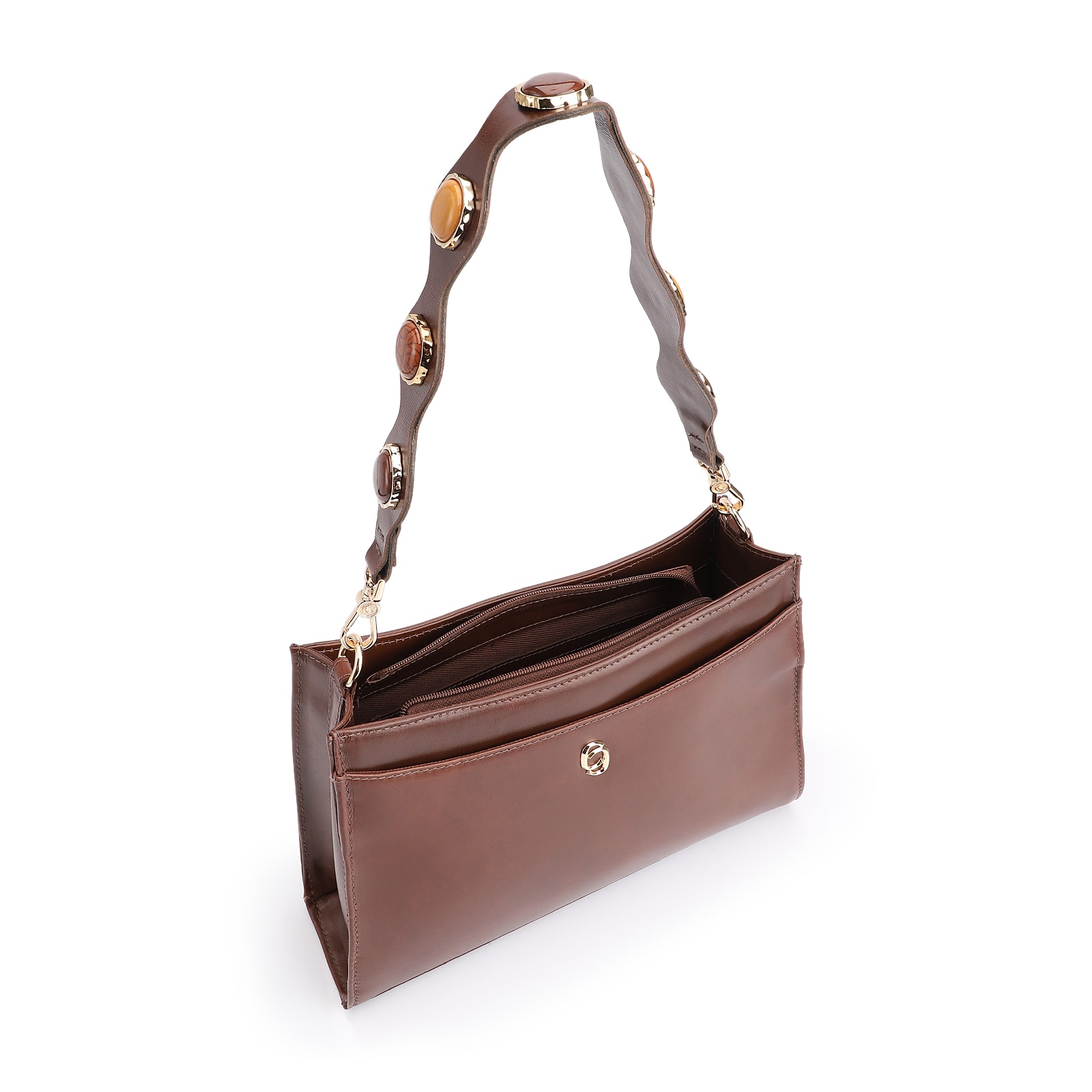 Bolsa De Ombro Pedras Couro Marrom