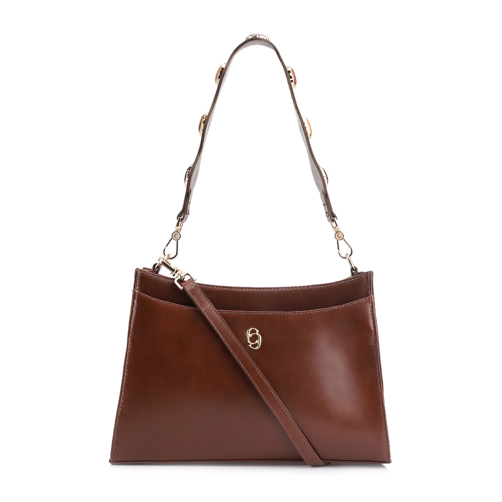 Bolsa De Ombro Pedras Couro Marrom