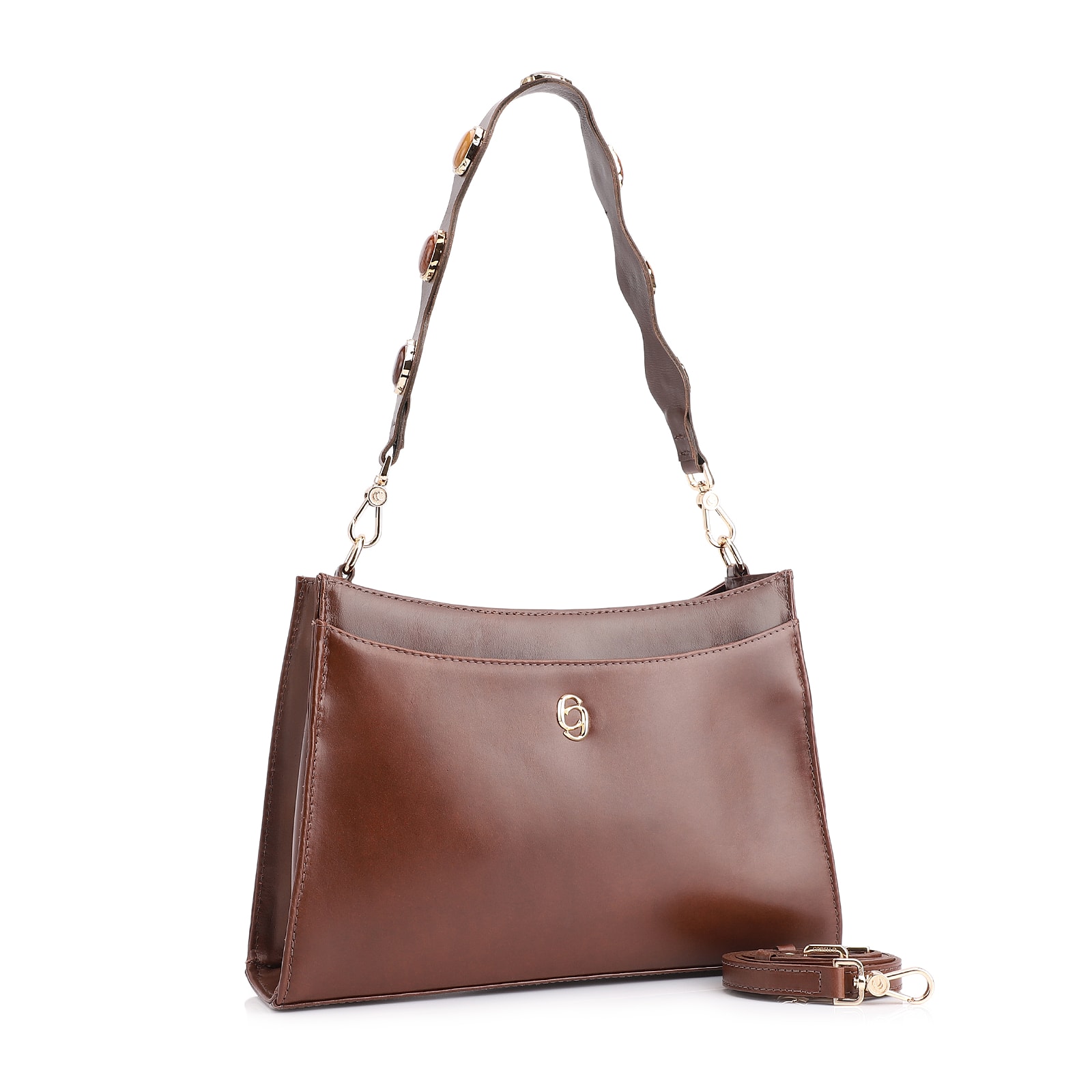 Bolsa De Ombro Pedras Couro Marrom