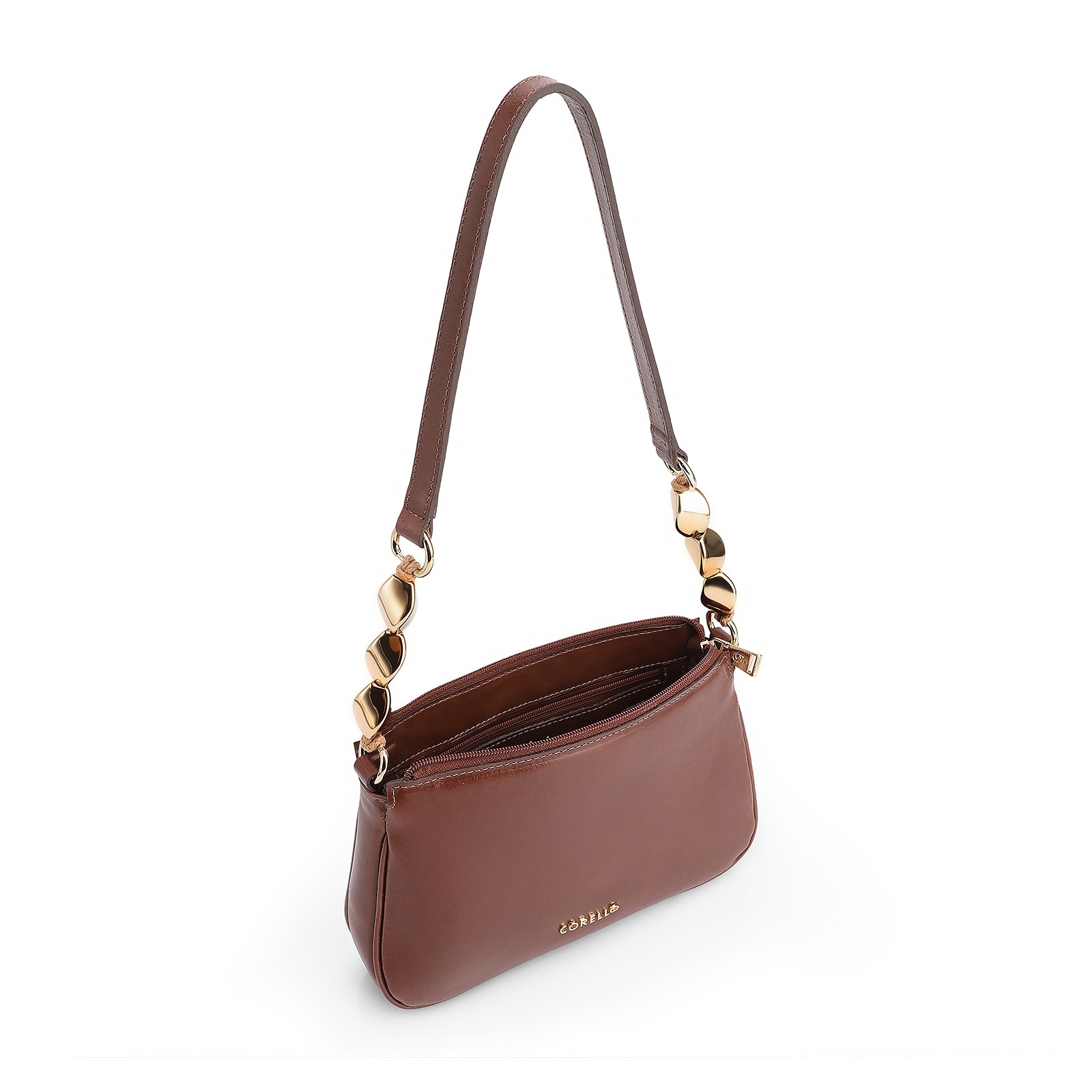 Bolsa De Ombro Pedras Couro Marrom