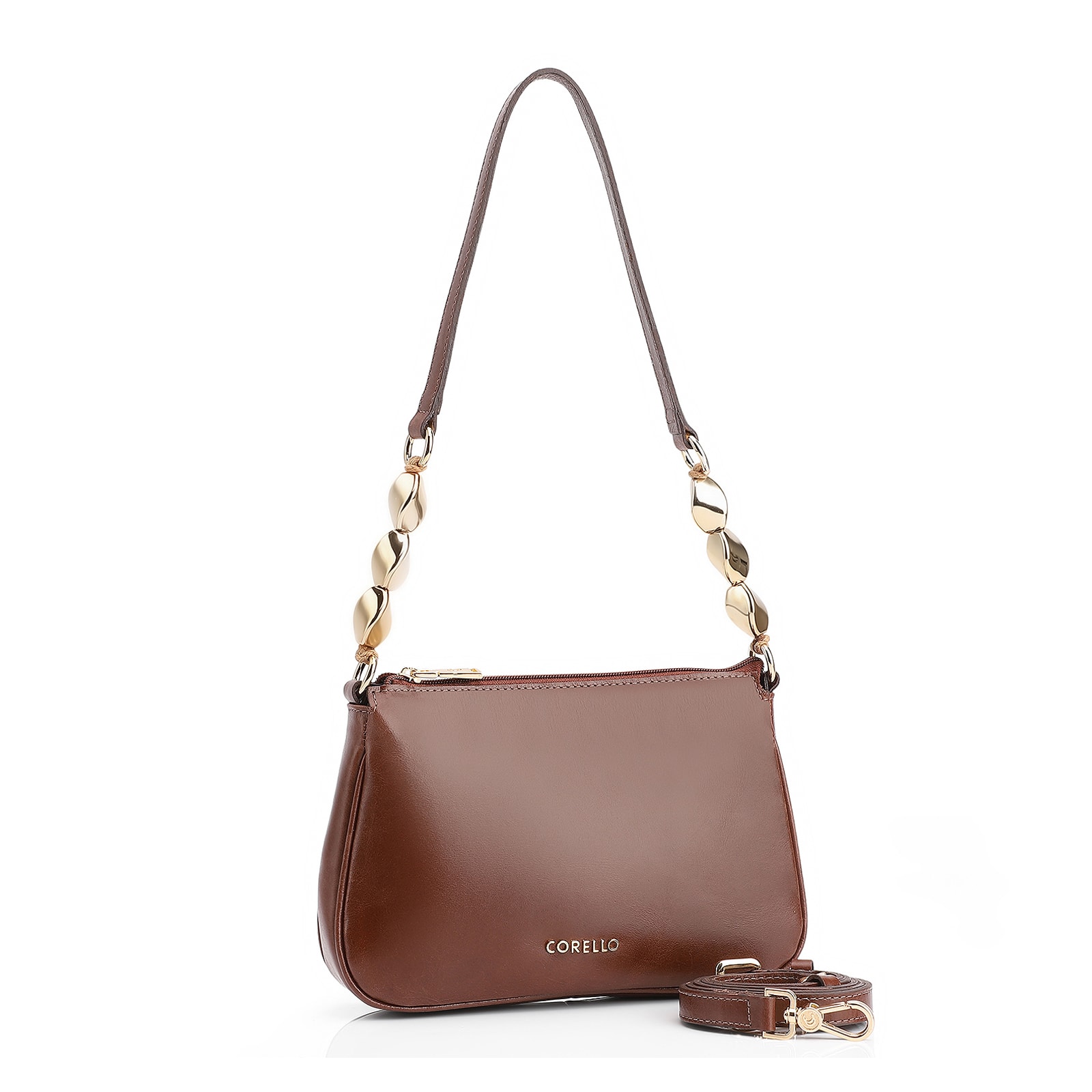 Bolsa De Ombro Pedras Couro Marrom