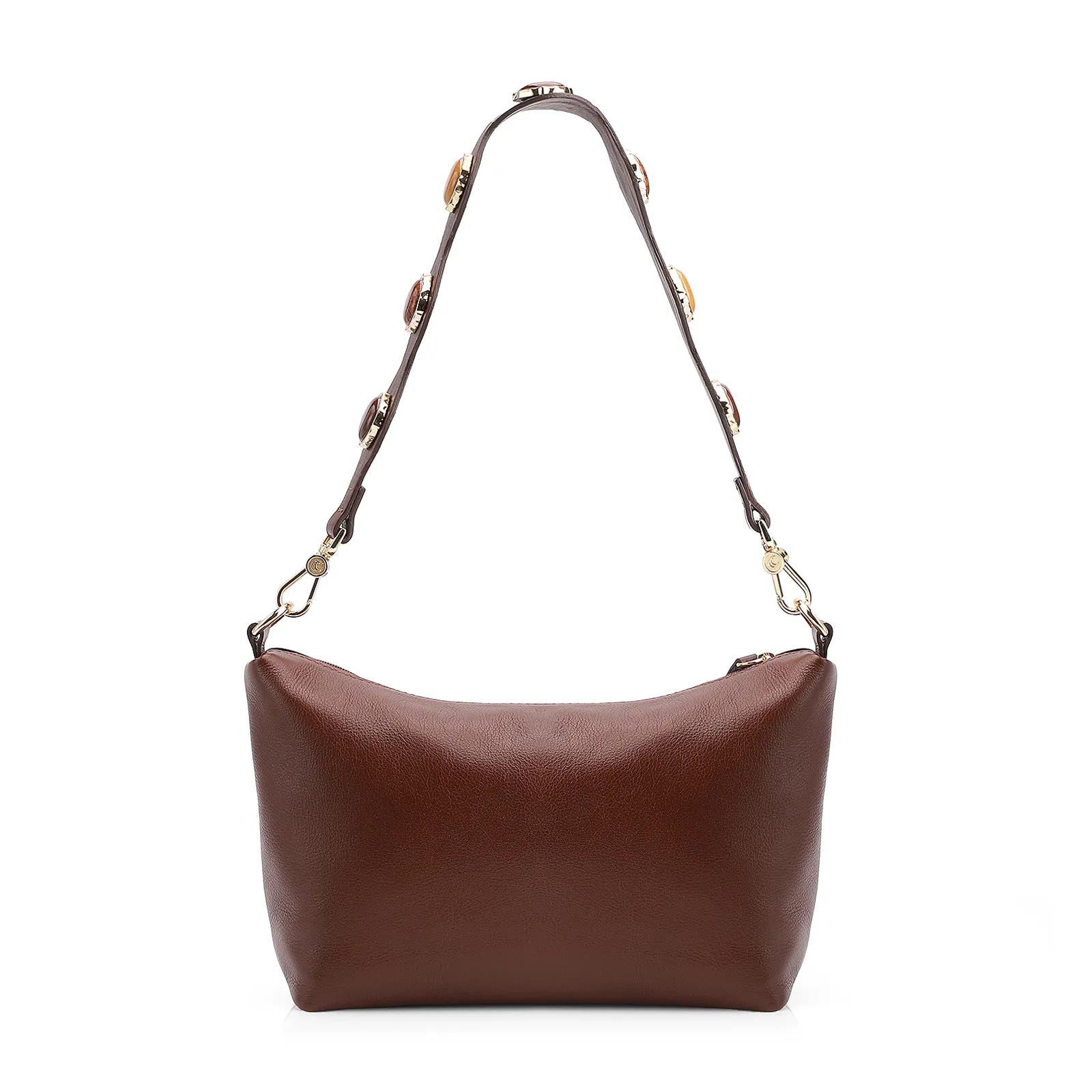 Bolsa De Ombro Pedras Couro Marrom