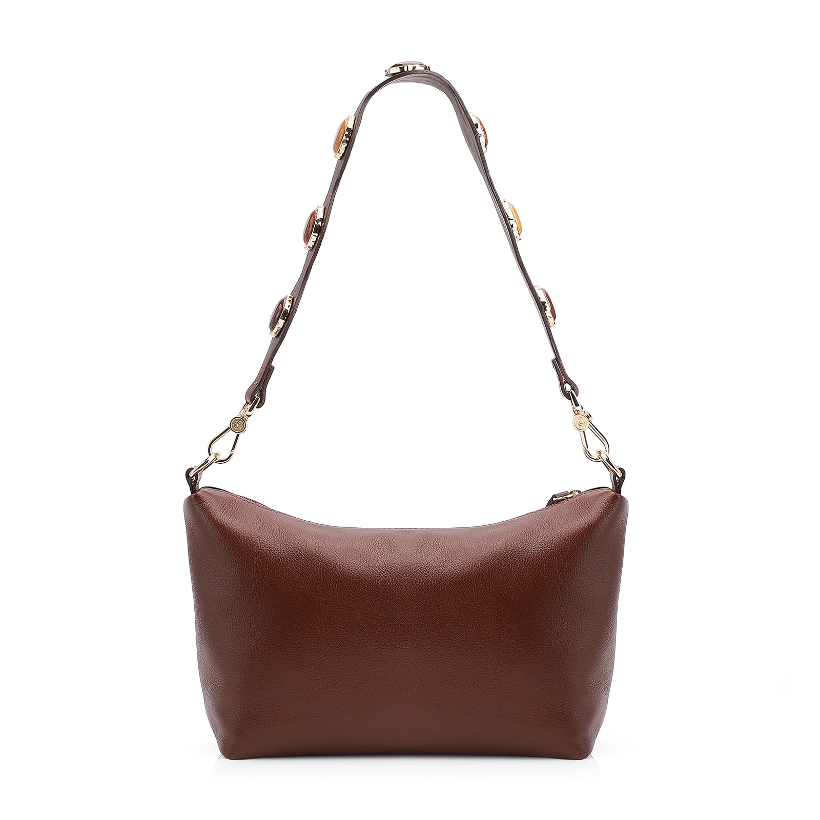 Bolsa De Ombro Pedras Couro Marrom