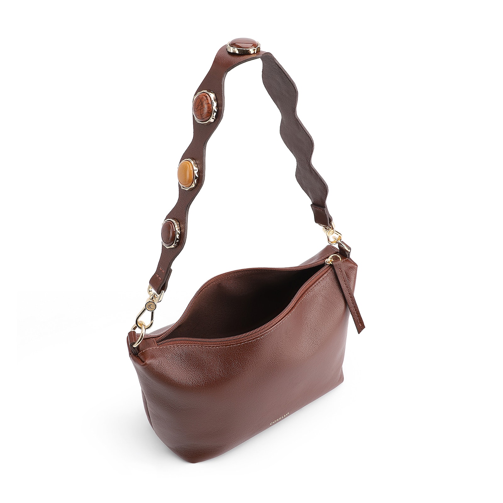 Bolsa De Ombro Pedras Couro Marrom
