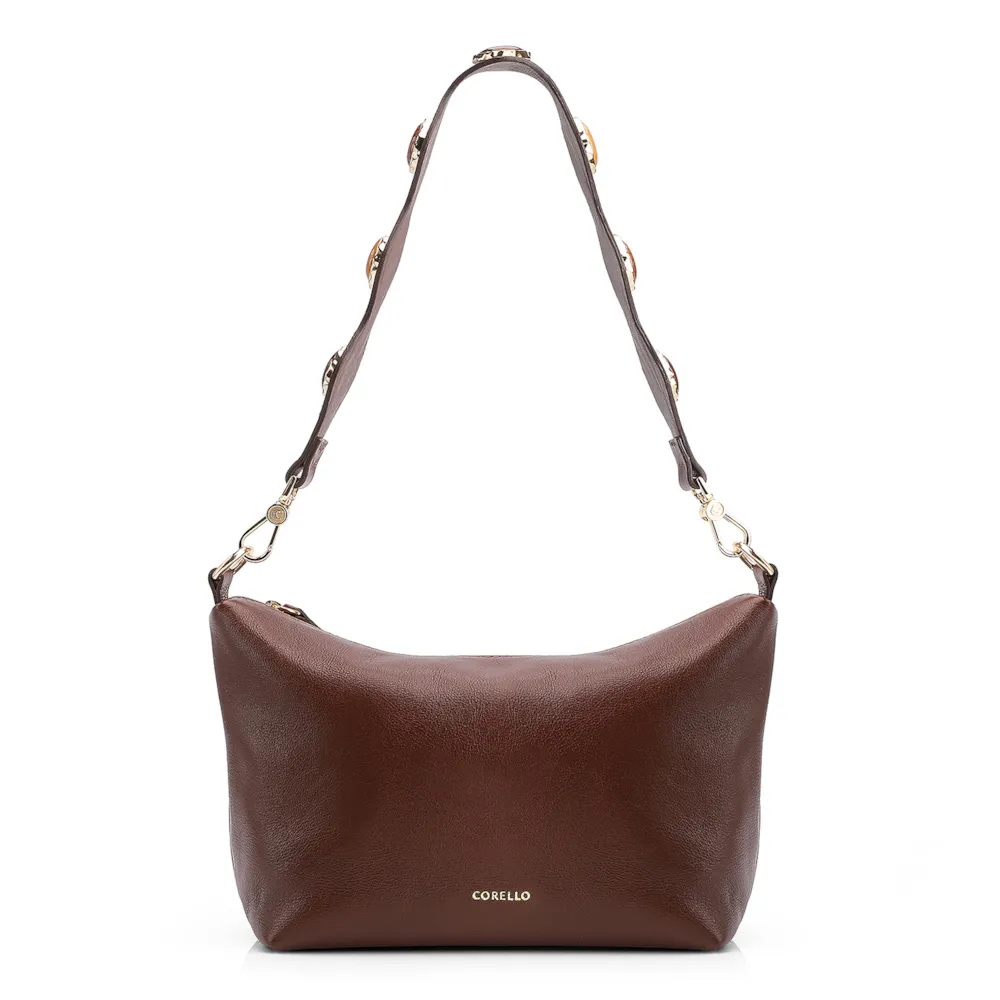 Bolsa De Ombro Pedras Couro Marrom