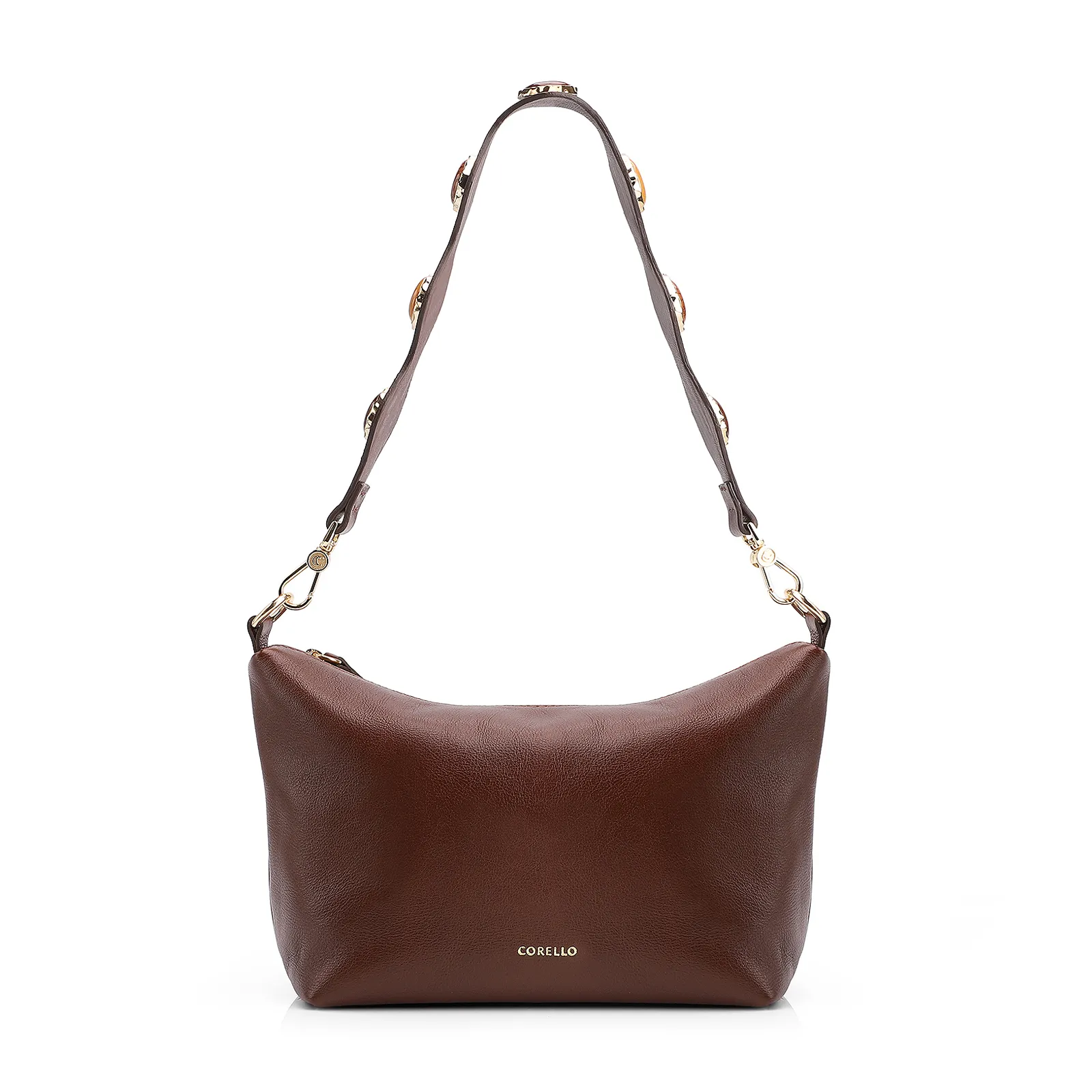 Bolsa De Ombro Pedras Couro Marrom