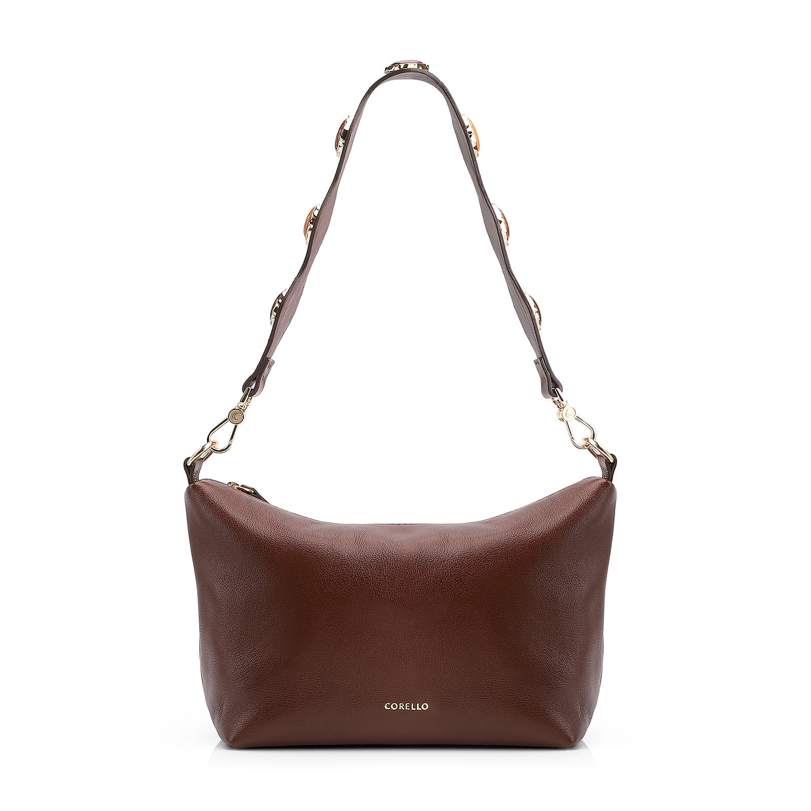 Bolsa De Ombro Pedras Couro Marrom