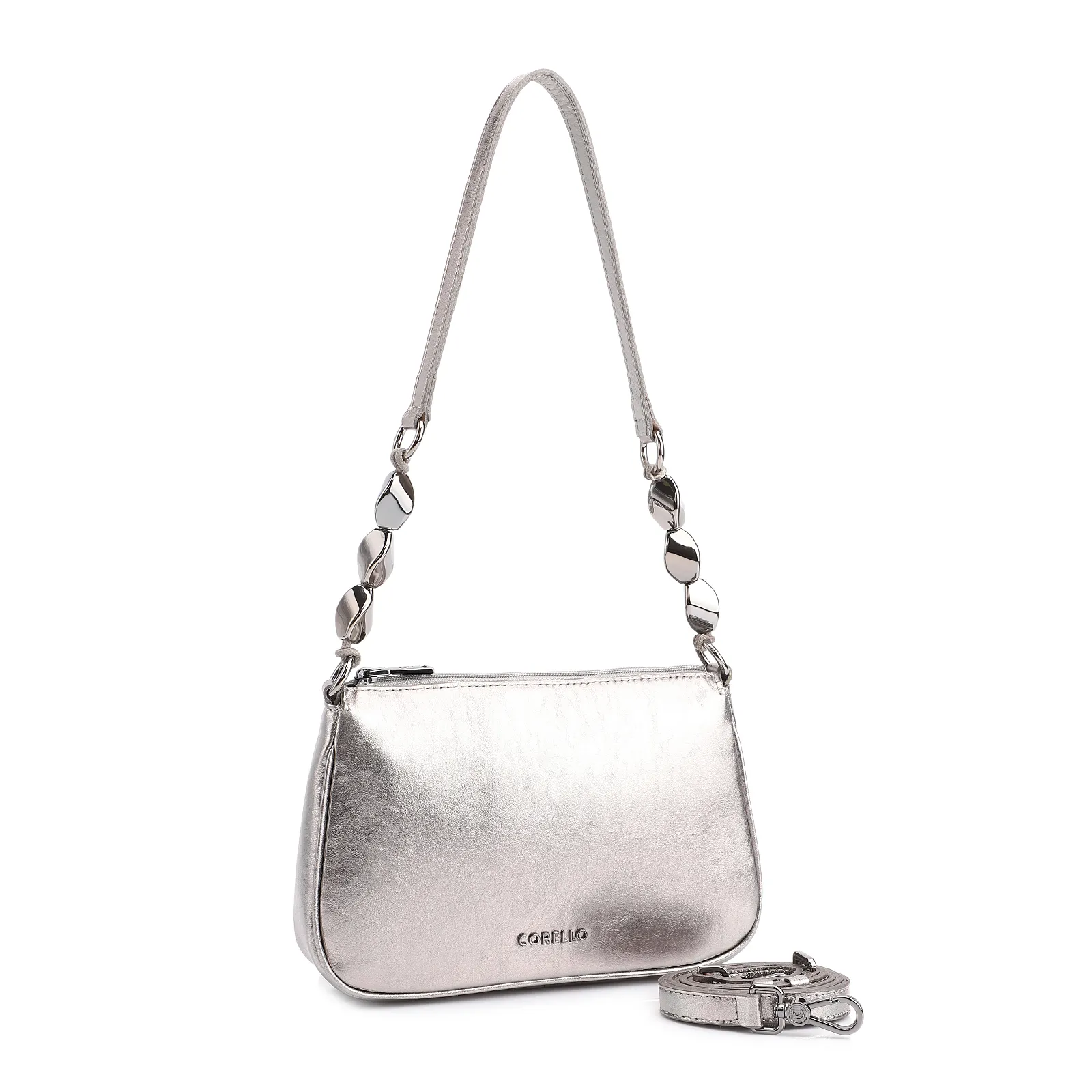 Bolsa De Ombro Pedras Couro Prata