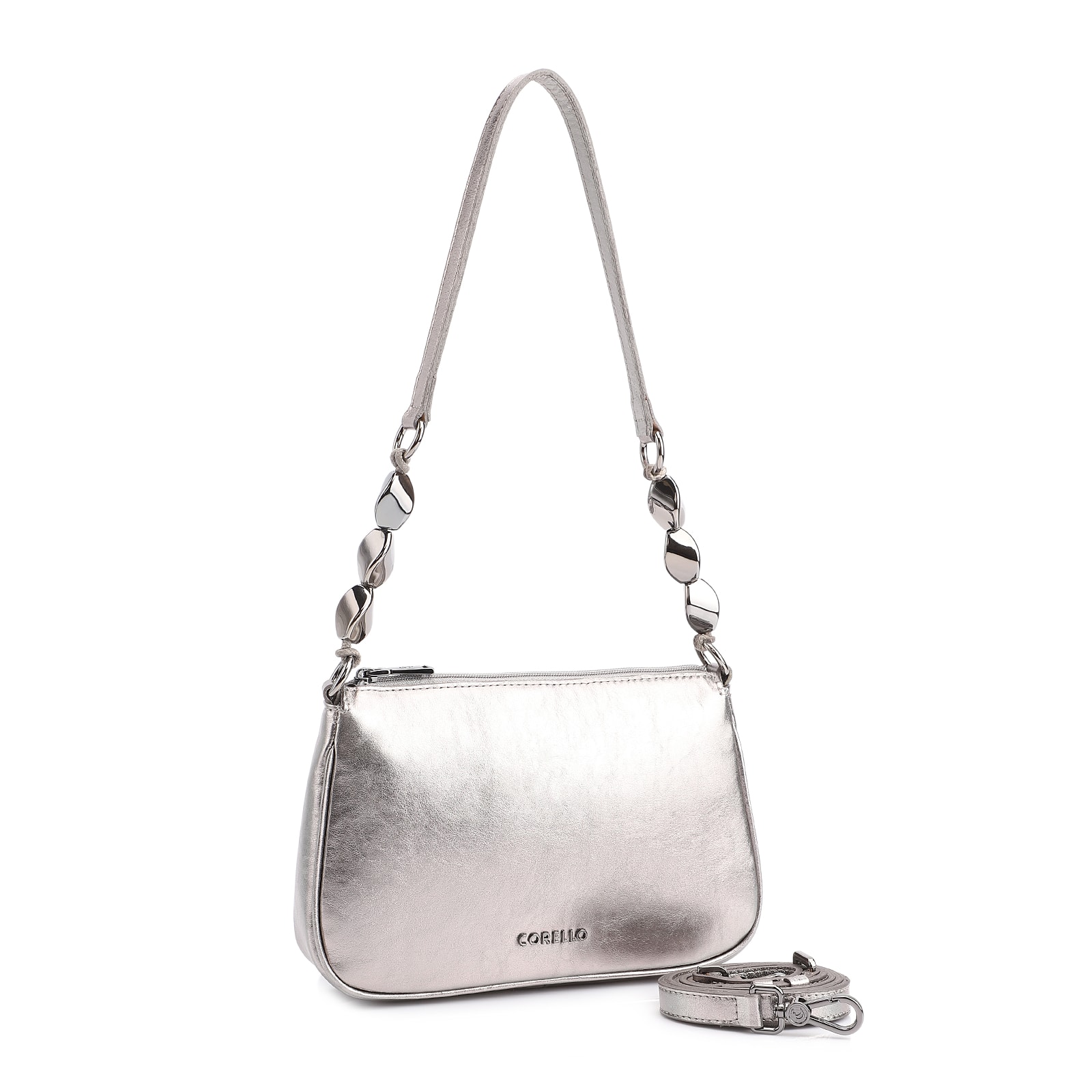 Bolsa De Ombro Pedras Couro Prata