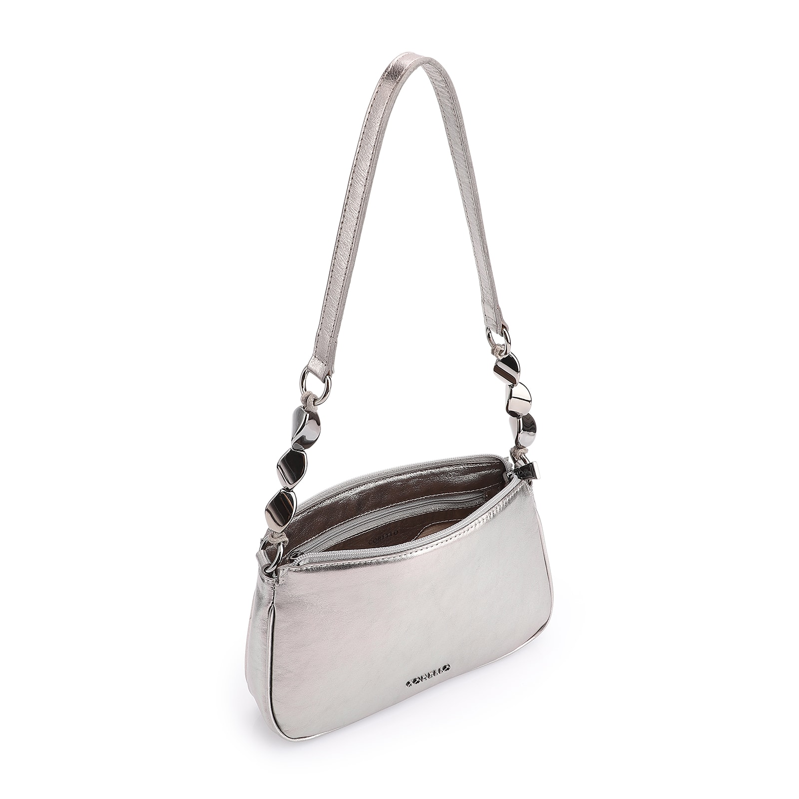 Bolsa De Ombro Pedras Couro Prata
