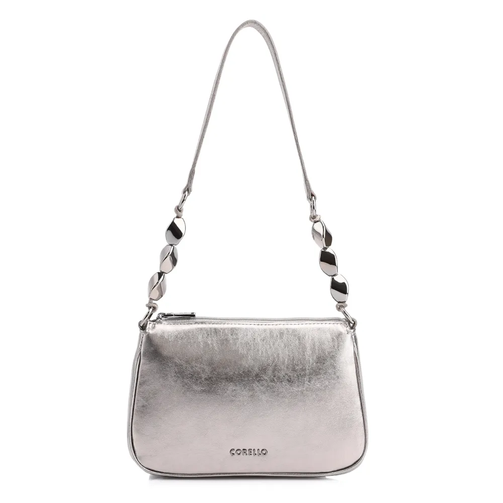 Bolsa De Ombro Pedras Couro Prata