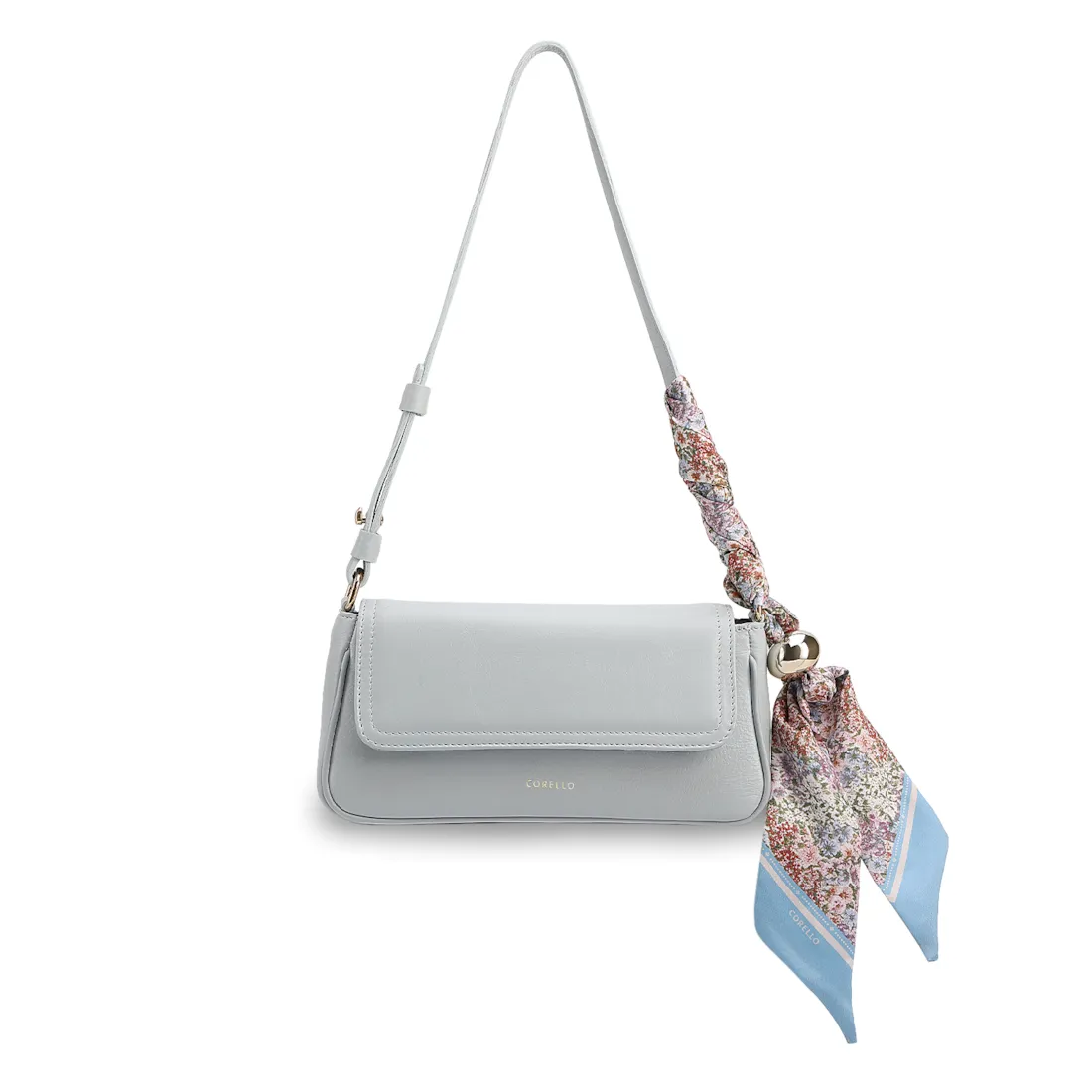  Bolsa De Ombro Pequena Azul Couro Lenço Esfera Dourada