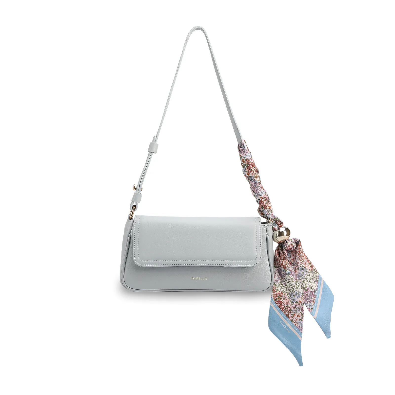  Bolsa De Ombro Pequena Azul Couro Lenço Esfera Dourada
