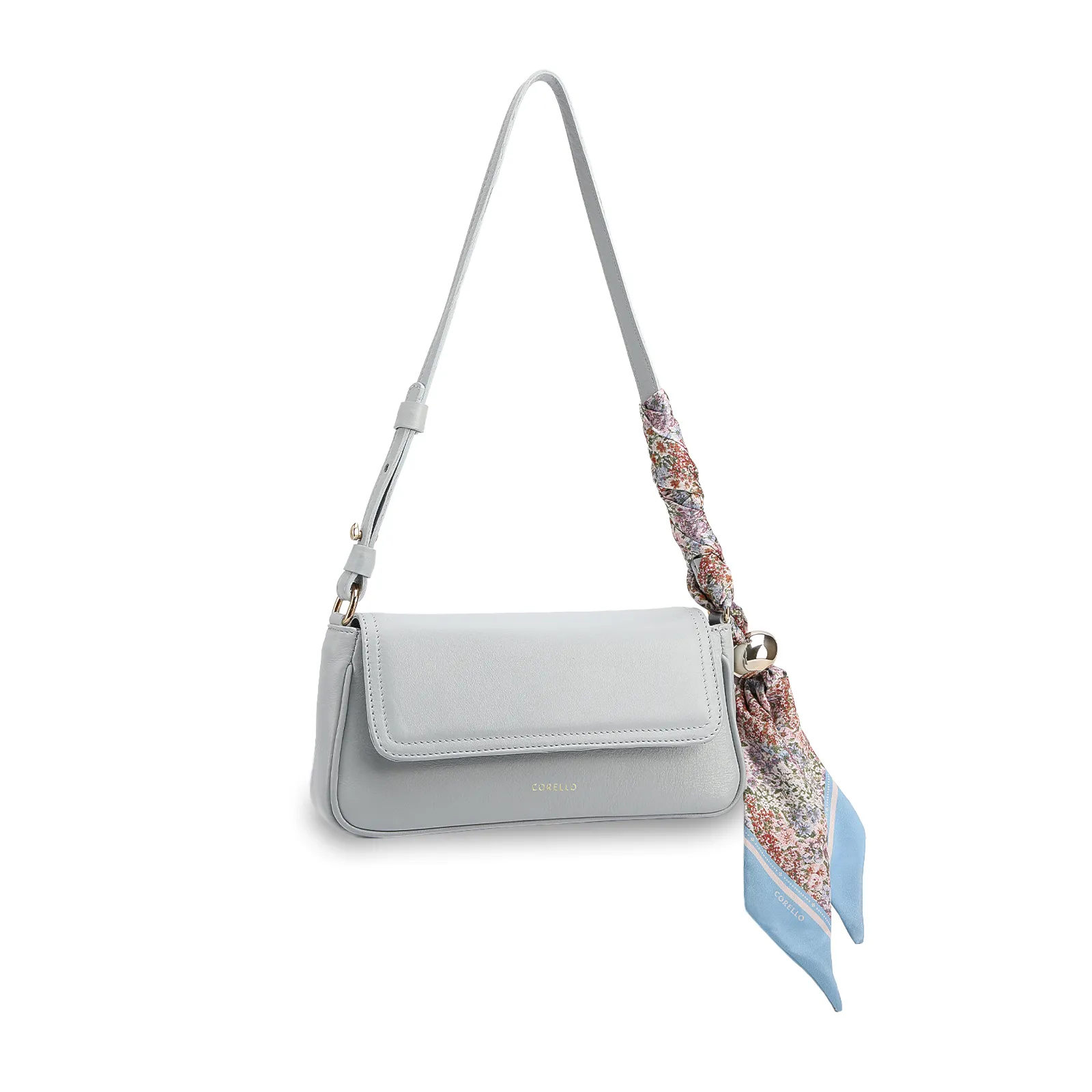 Bolsa De Ombro Pequena Azul Couro Lenço Esfera Dourada