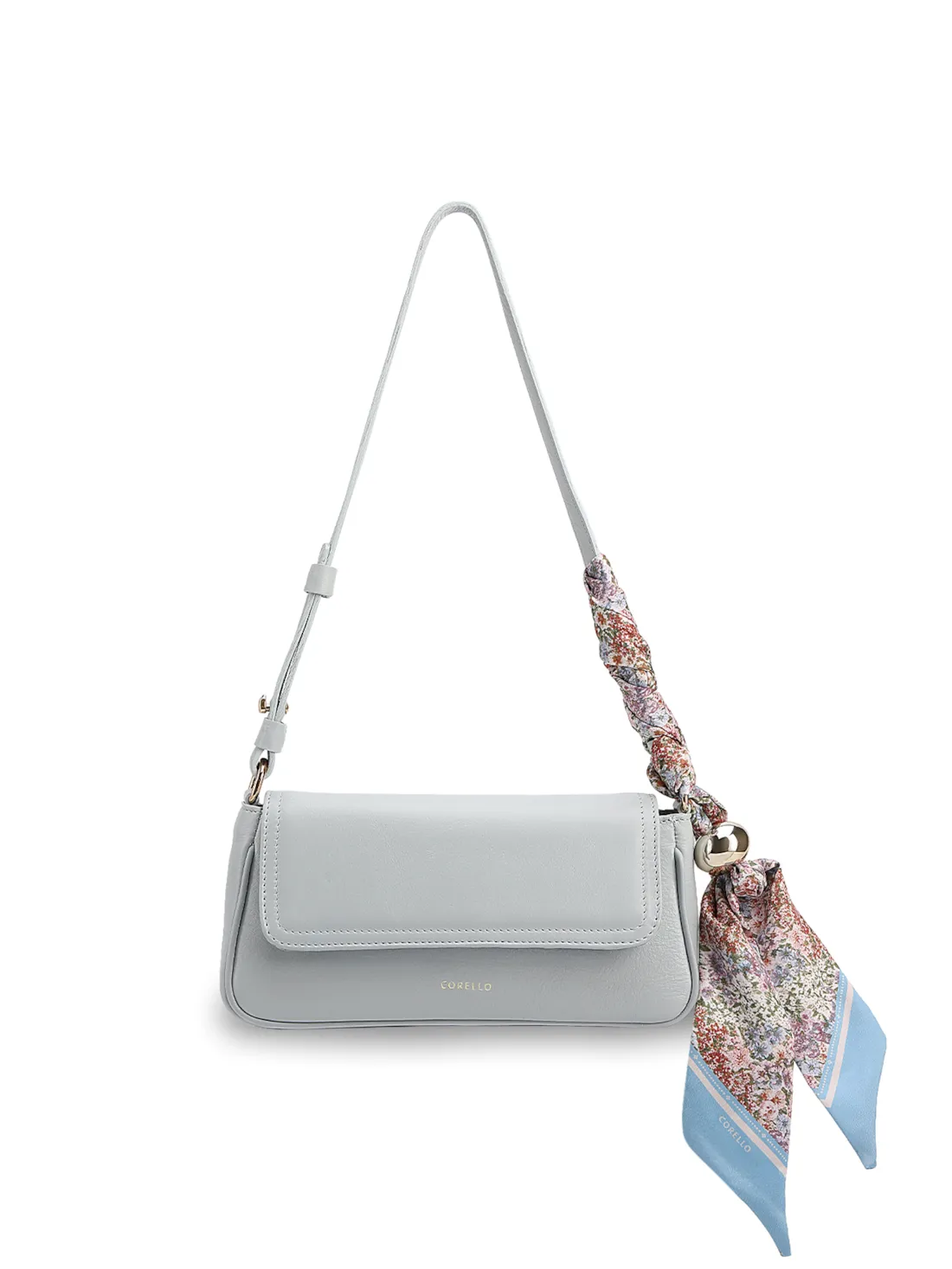  Bolsa De Ombro Pequena Azul Couro Lenço Esfera Dourada