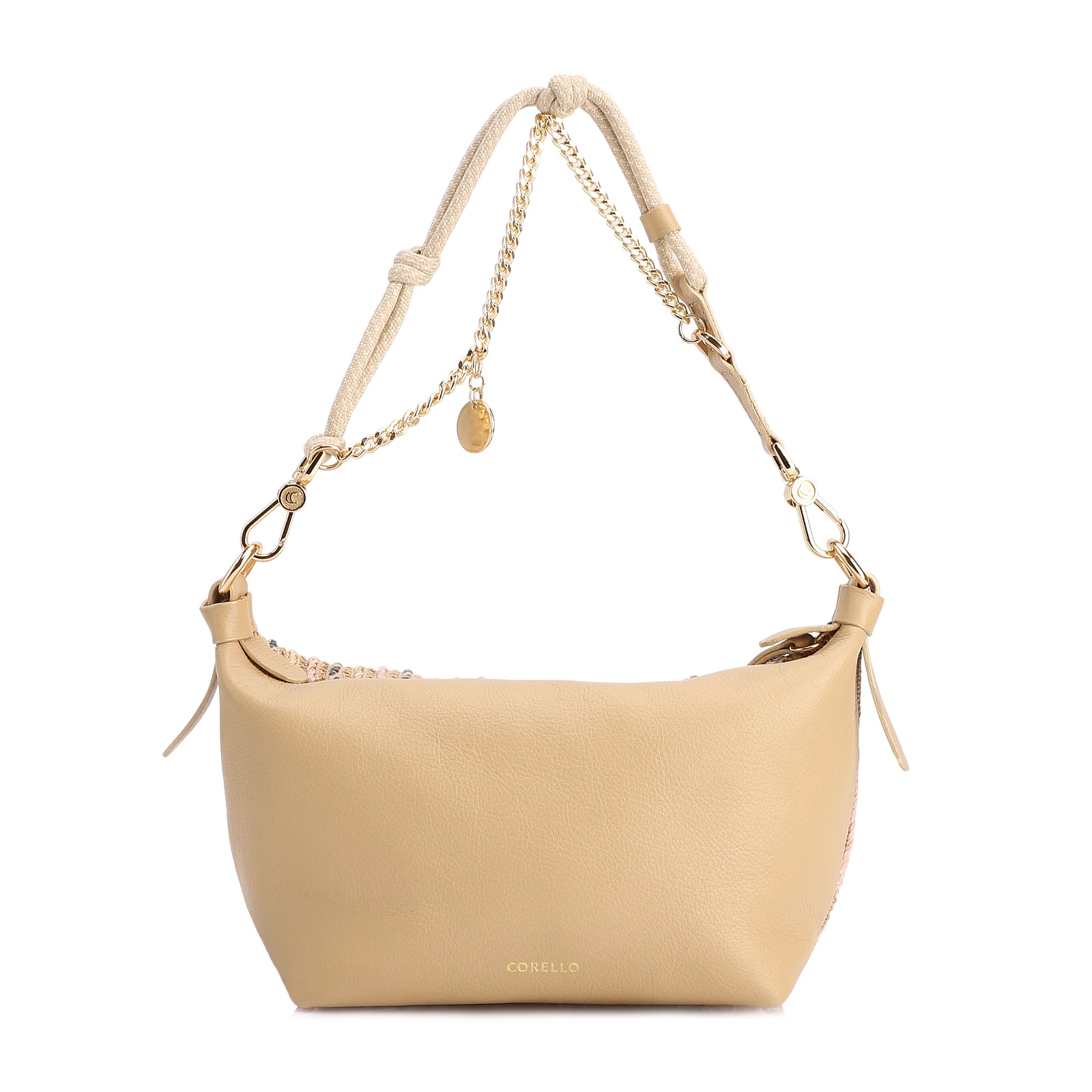 Bolsa De Ombro Pequena Bege Couro Alt Ráfia Tramada Corrente Dourada