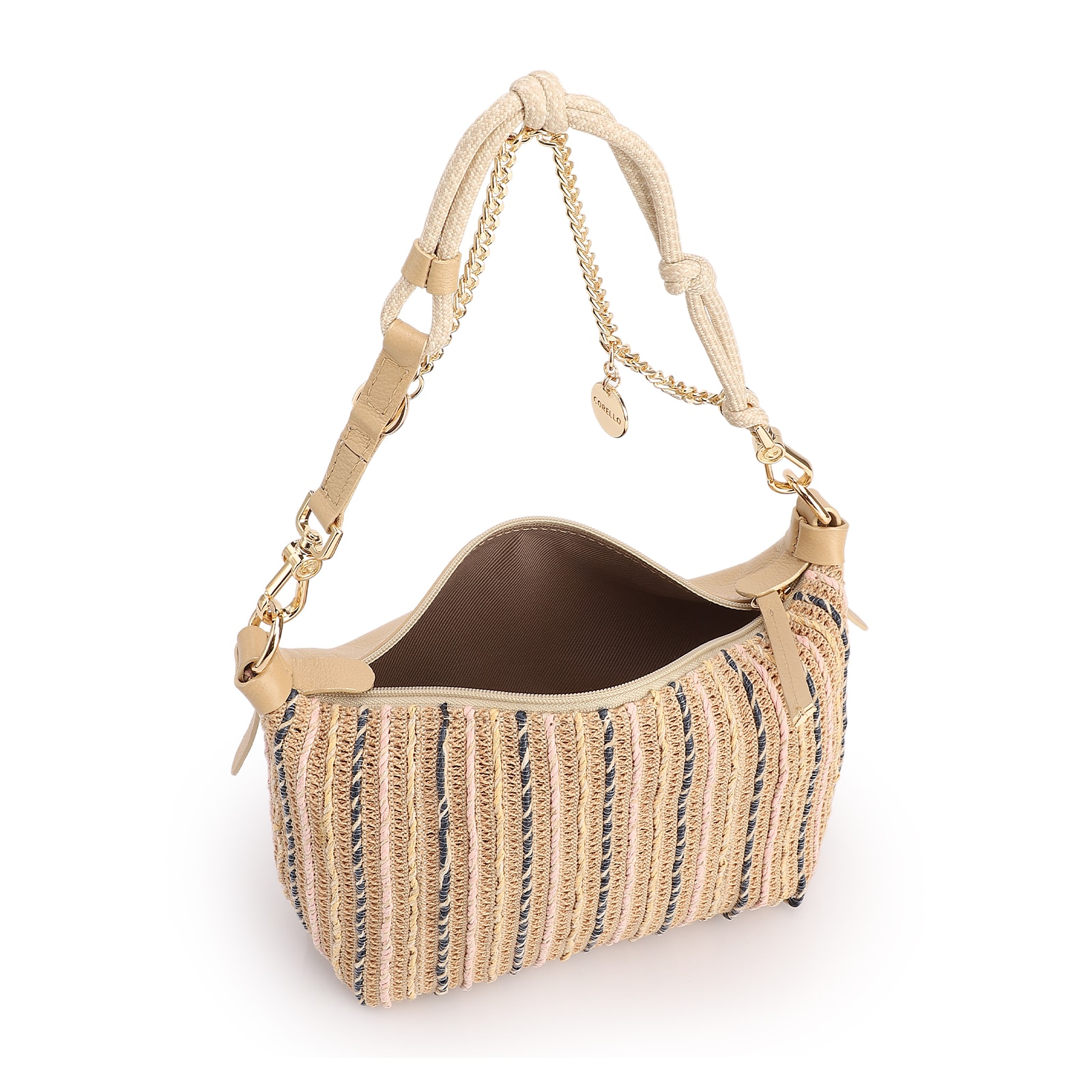 Bolsa De Ombro Pequena Bege Couro Alt Ráfia Tramada Corrente Dourada