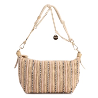 Pequena Bege Couro Alt Ráfia Tramada Corrente Dourada