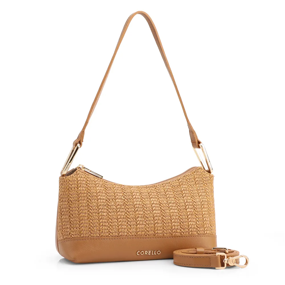 Bolsa De Ombro Pequena Couro/Alt Marrom Claro Tramado Rustico - imagem 2