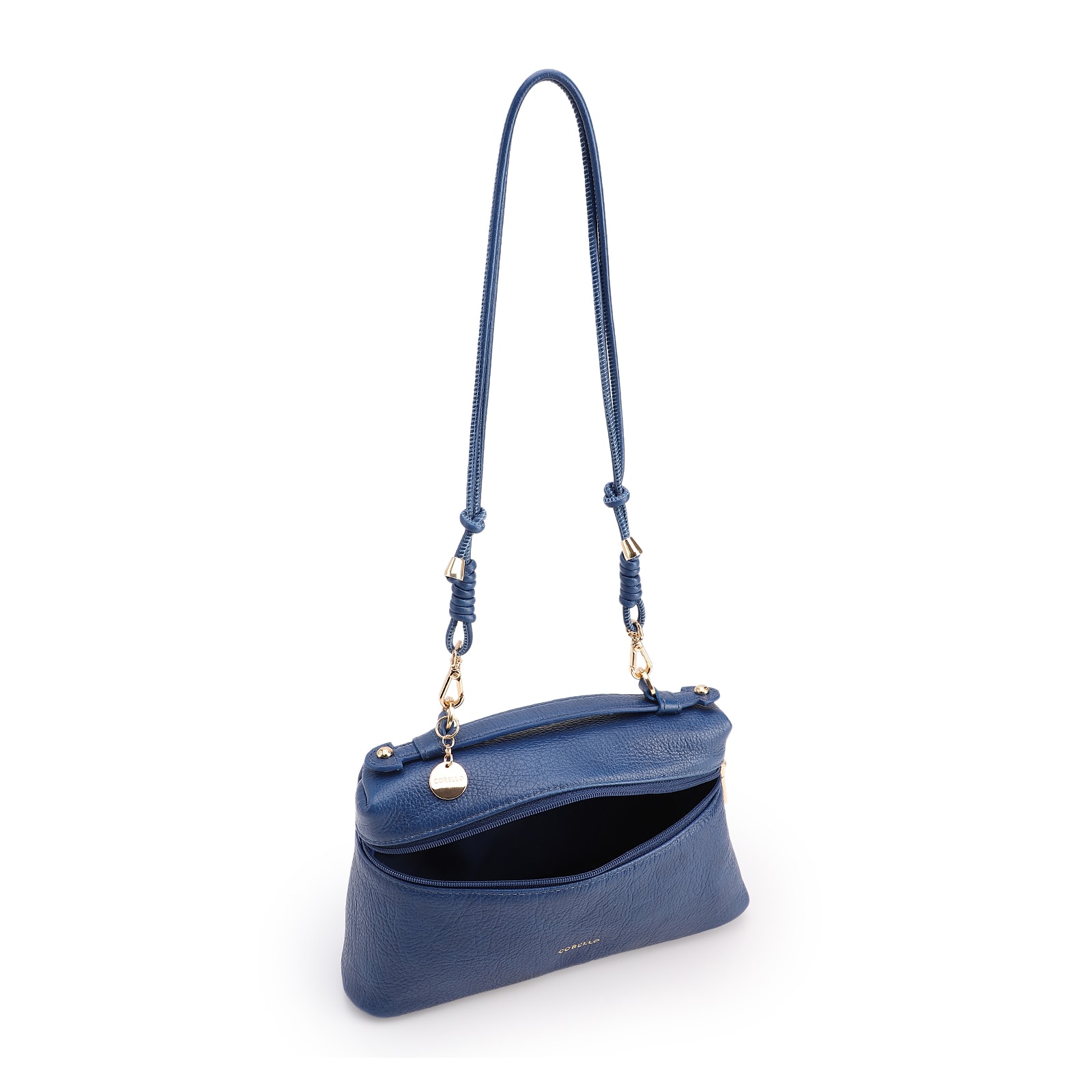  Bolsa De Ombro Pequena Couro Antique Azul Zíper Frontal