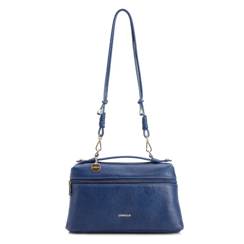  Bolsa De Ombro Pequena Couro Antique Azul Zíper Frontal