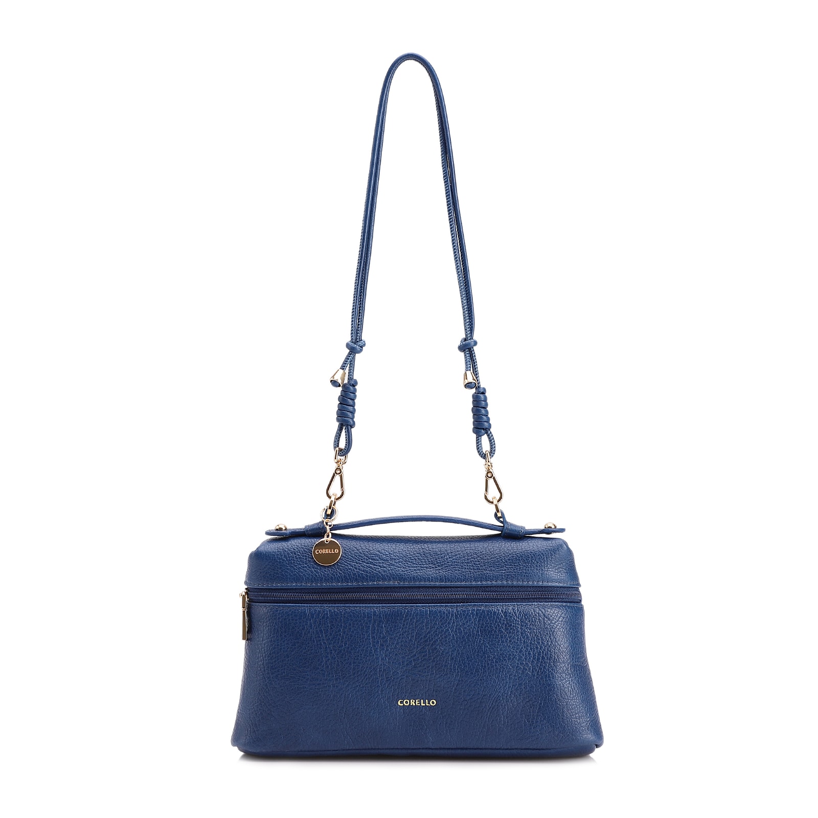 Bolsa De Ombro Pequena Couro Antique Azul Zíper Frontal