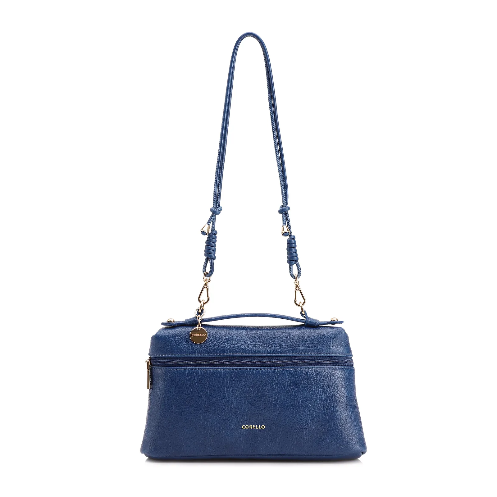 Bolsa De Ombro Pequena Couro Antique Azul Zíper Frontal