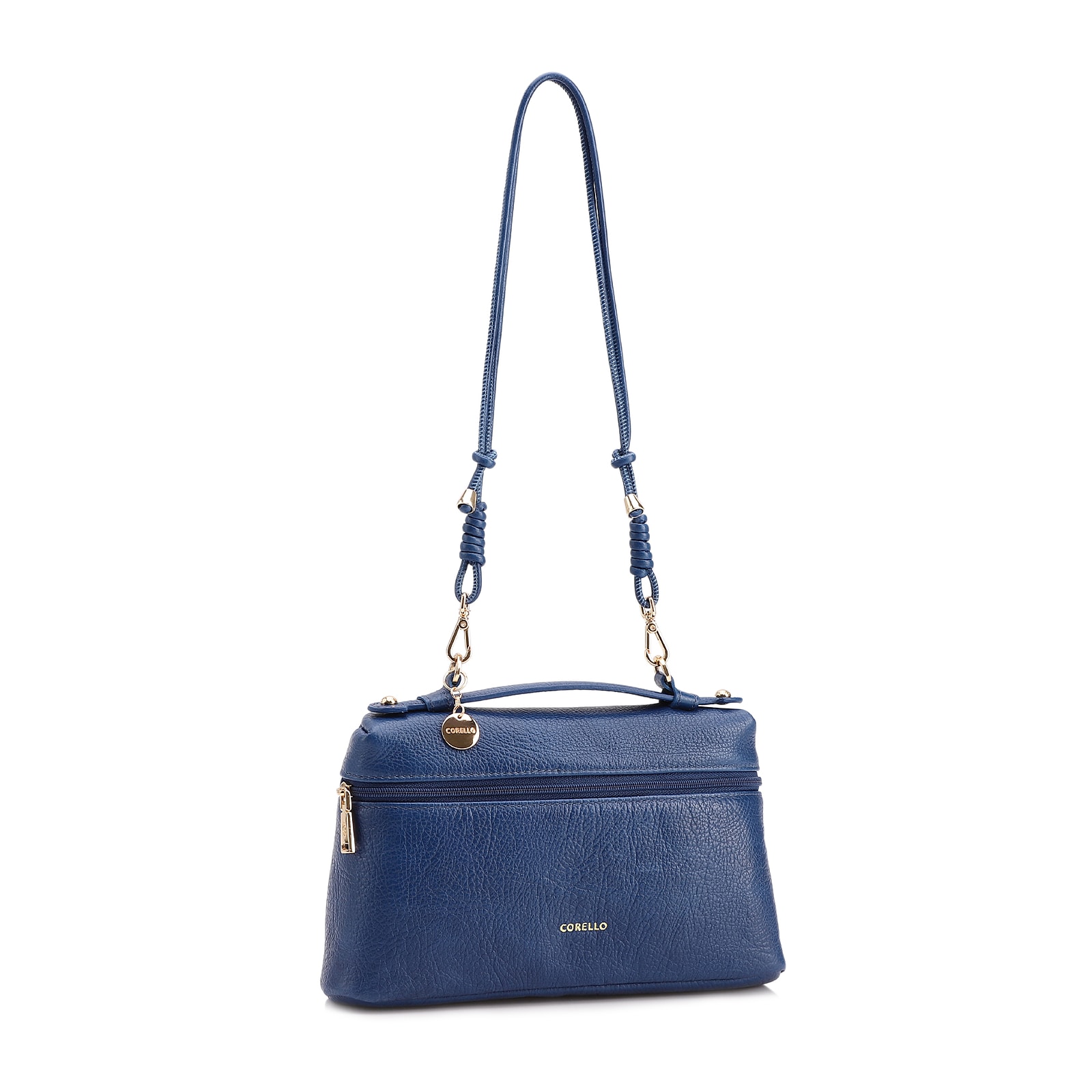 Bolsa De Ombro Pequena Couro Antique Azul Zíper Frontal