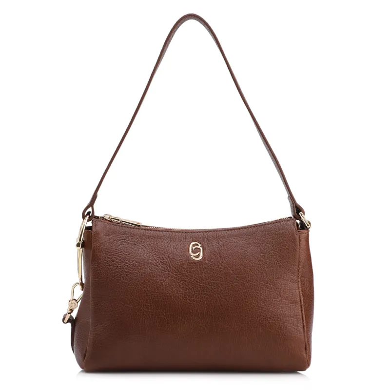 Bolsa De Ombro Pequena Couro Antique Marrom Bridão Dourado Lateral