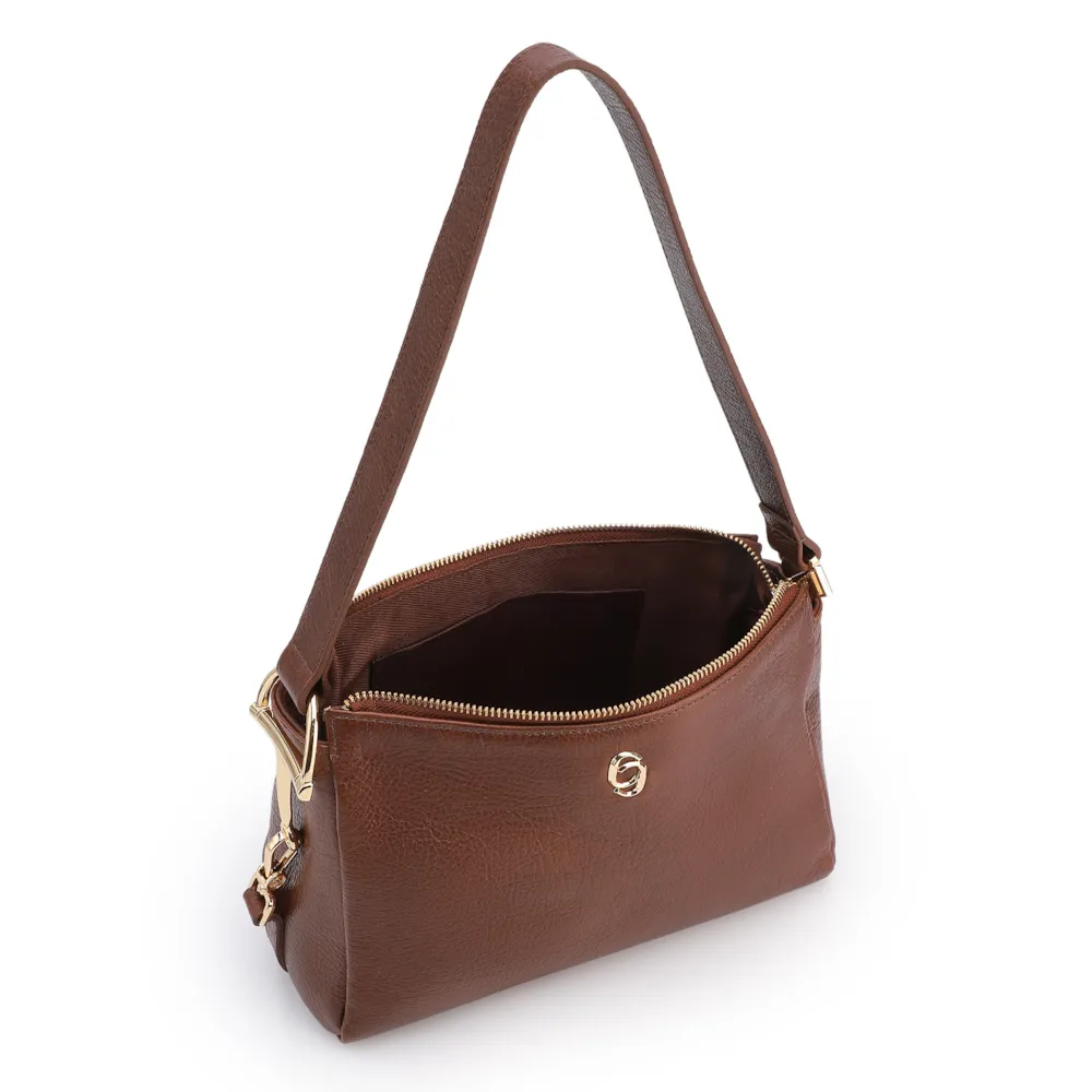 Bolsa De Ombro Pequena Couro Antique Marrom Bridão Dourado Lateral - imagem 3