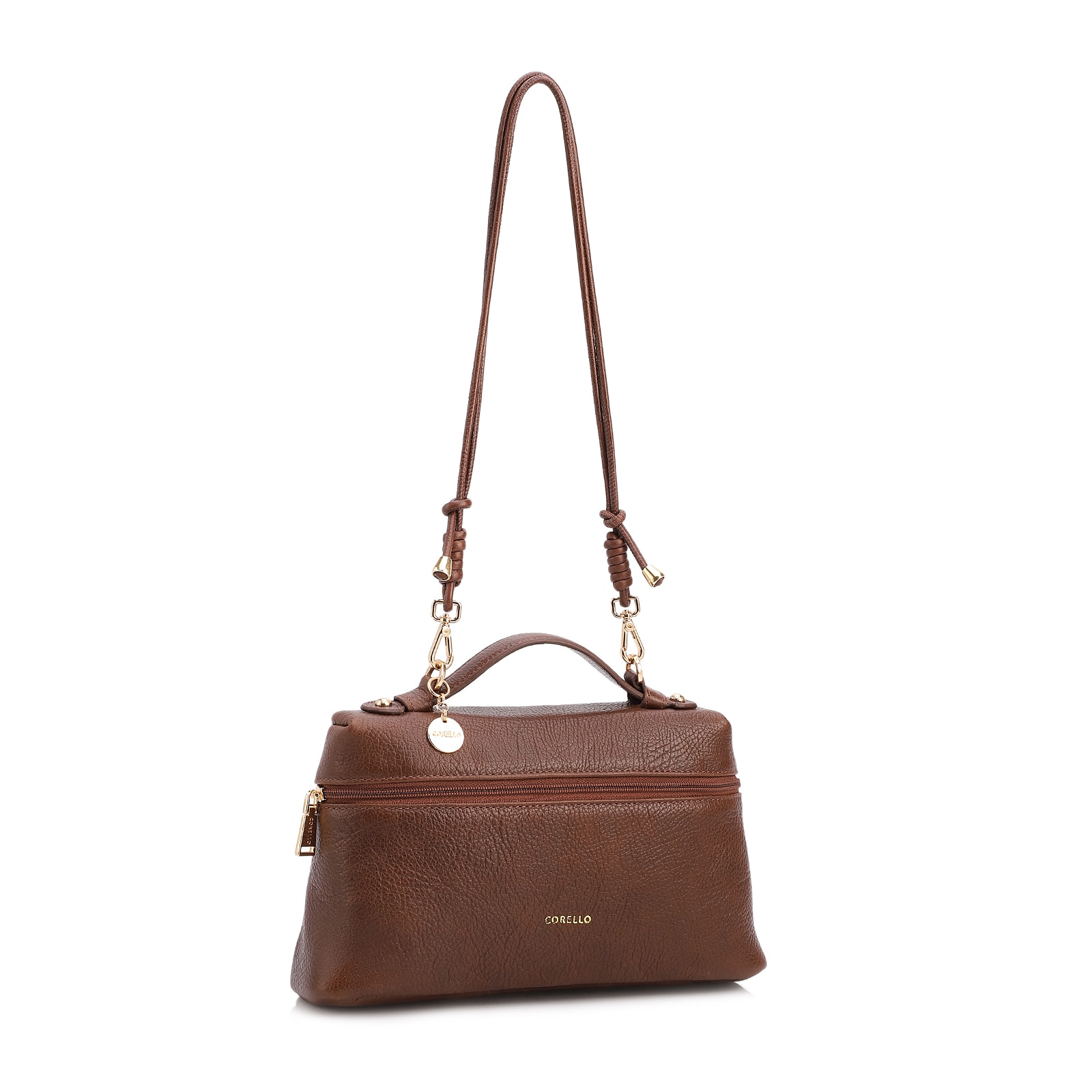 Bolsa De Ombro Pequena Couro Antique Marrom Zíper Frontal