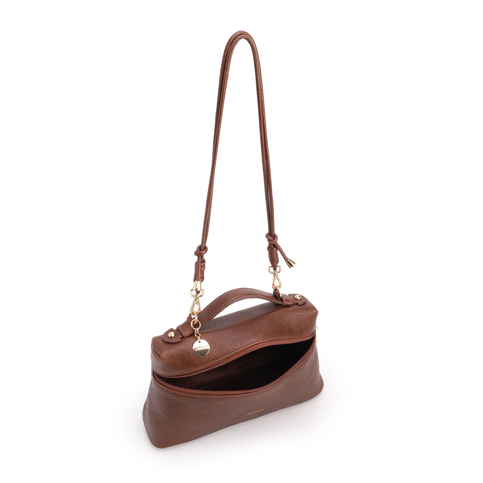 Bolsa De Ombro Pequena Couro Antique Marrom Zíper Frontal