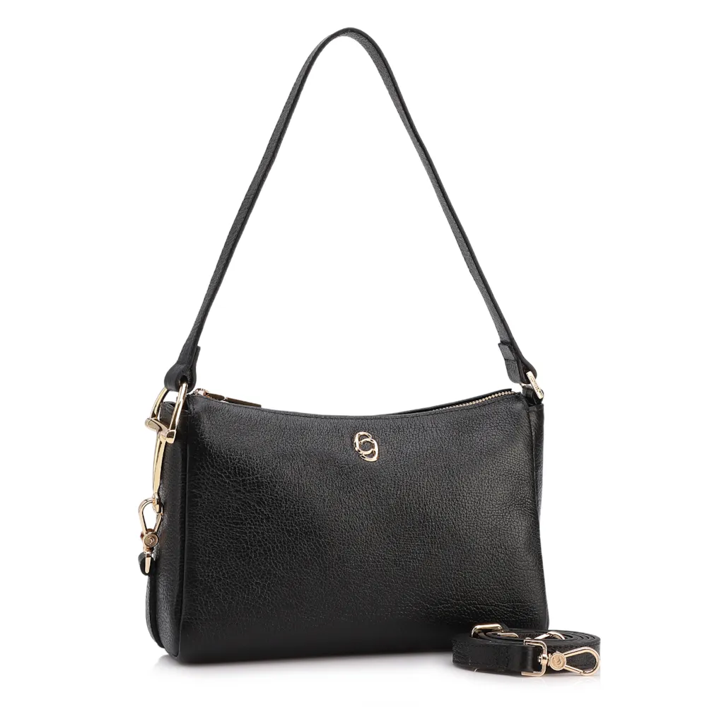 Bolsa De Ombro Pequena Couro Antique Preto Bridão Dourado Lateral - imagem 2