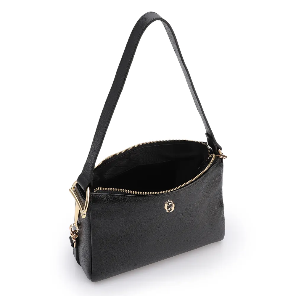 Bolsa De Ombro Pequena Couro Antique Preto Bridão Dourado Lateral - imagem 4