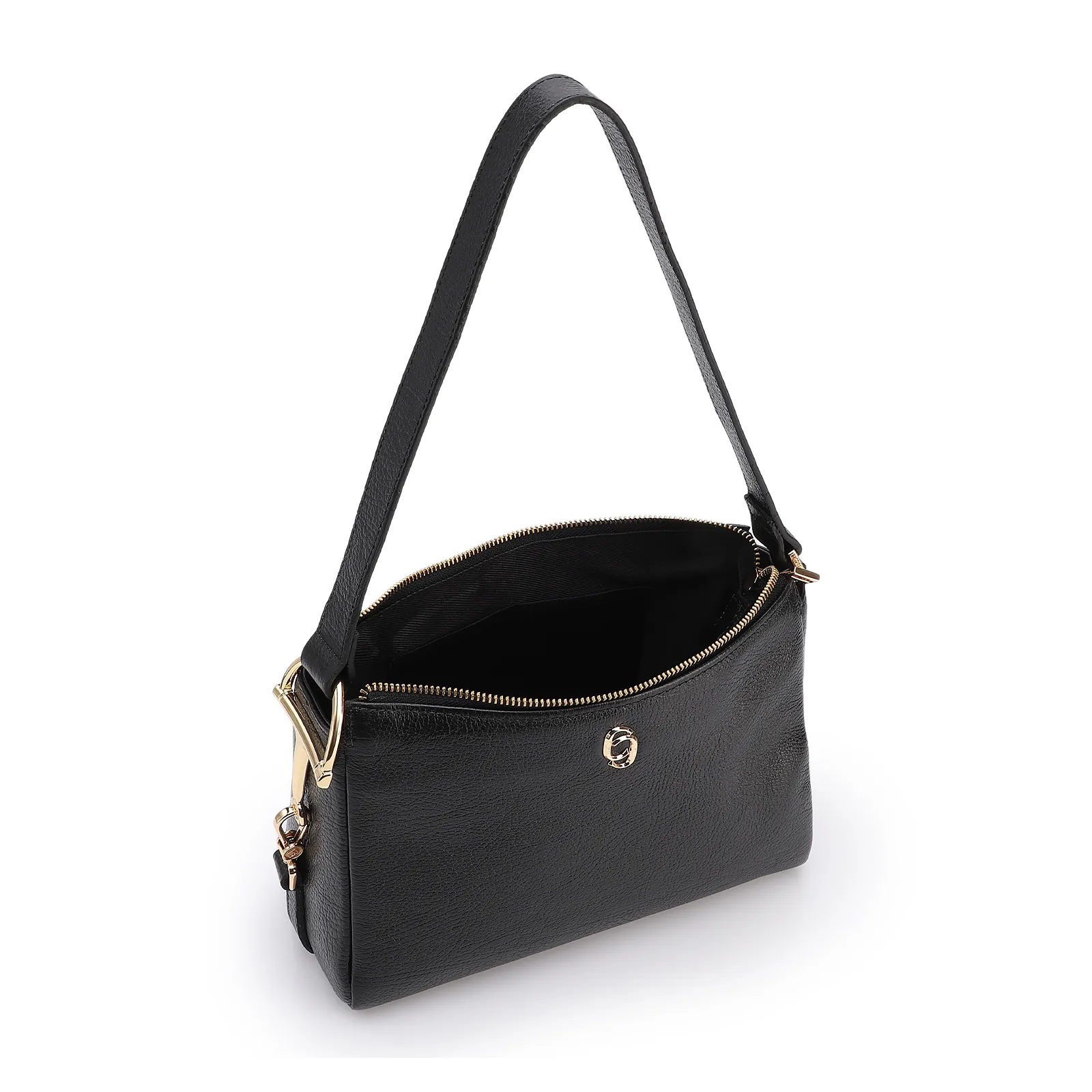 Bolsa De Ombro Pequena Couro Antique Preto Bridão Dourado Lateral