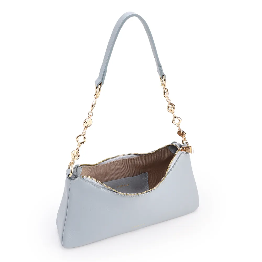 Bolsa De Ombro Pequena Couro Azul Alça Metal Dourado - imagem 4