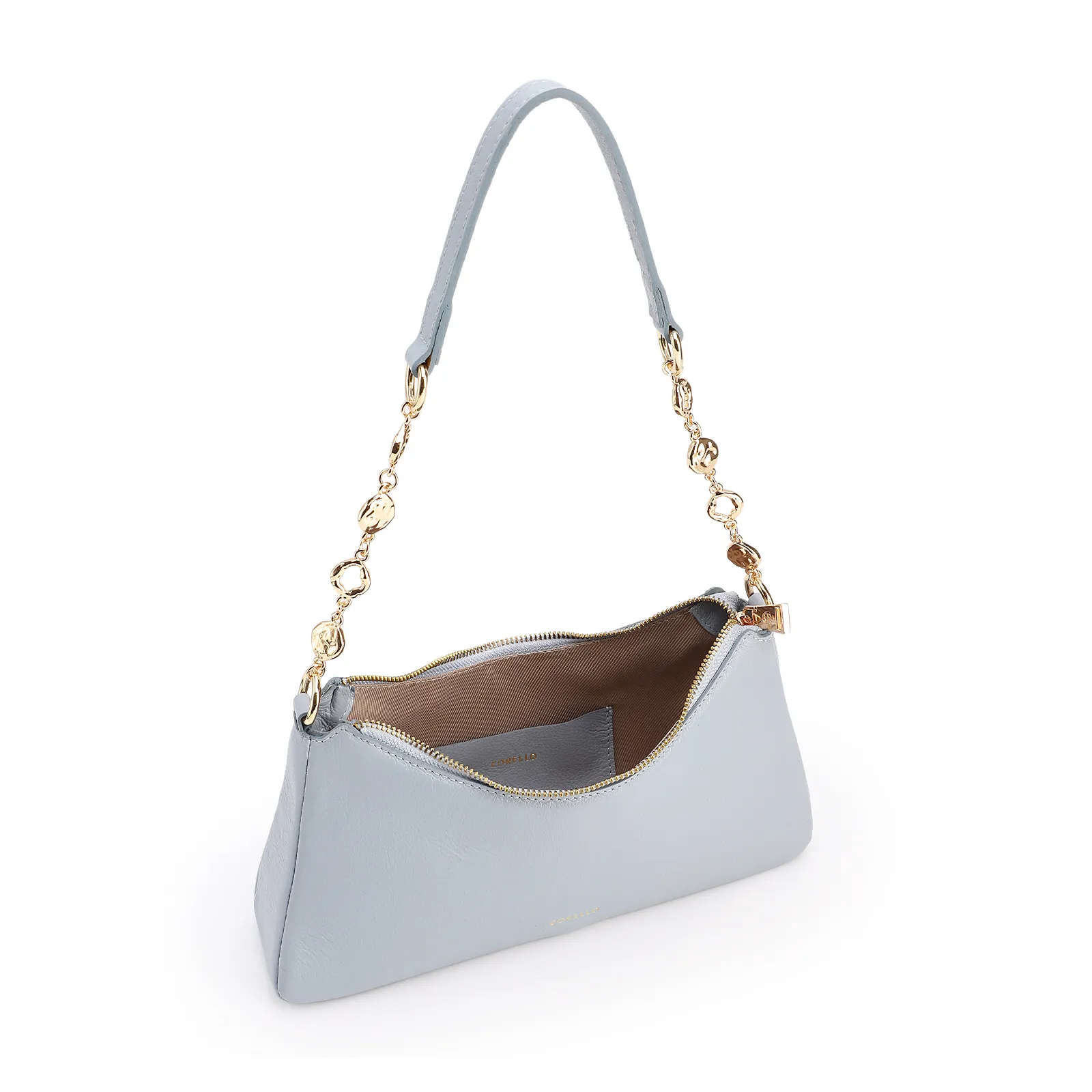 Bolsa De Ombro Pequena Couro Azul Alça Metal Dourado