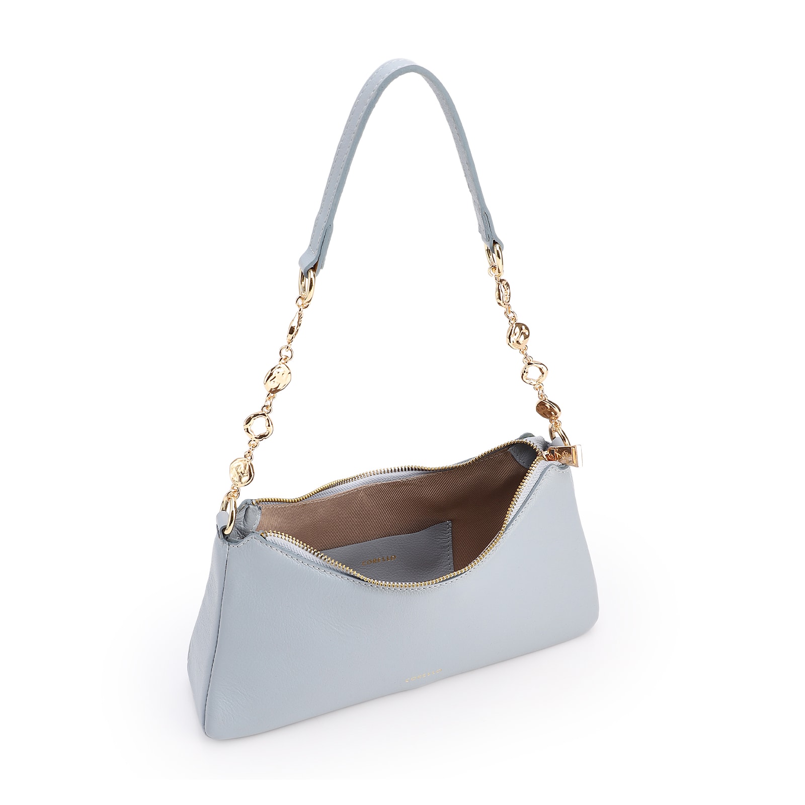 Bolsa De Ombro Pequena Couro Azul Alça Metal Dourado