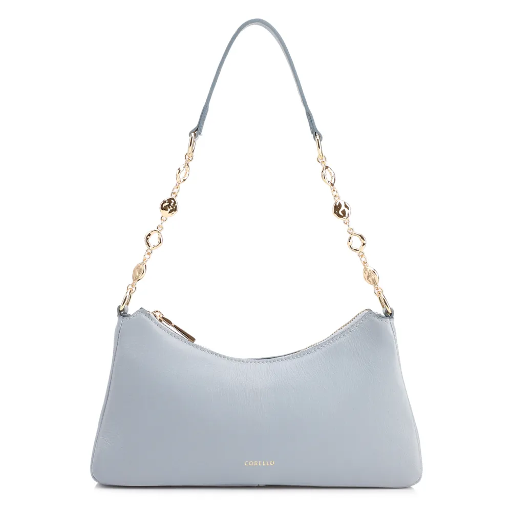 Bolsa De Ombro Pequena Couro Azul Alça Metal Dourado