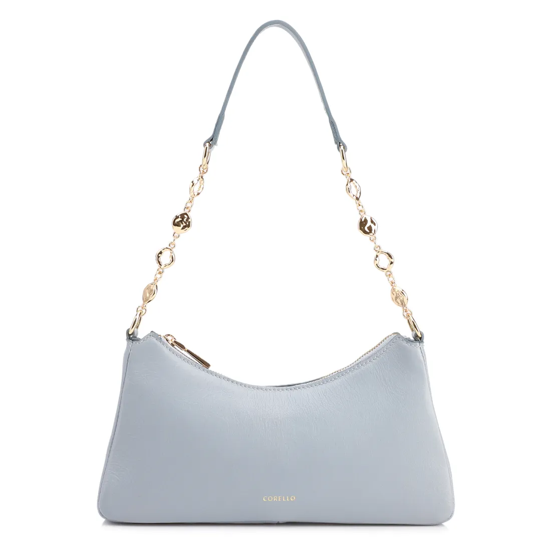 Bolsa De Ombro Pequena Couro Azul Alça Metal Dourado