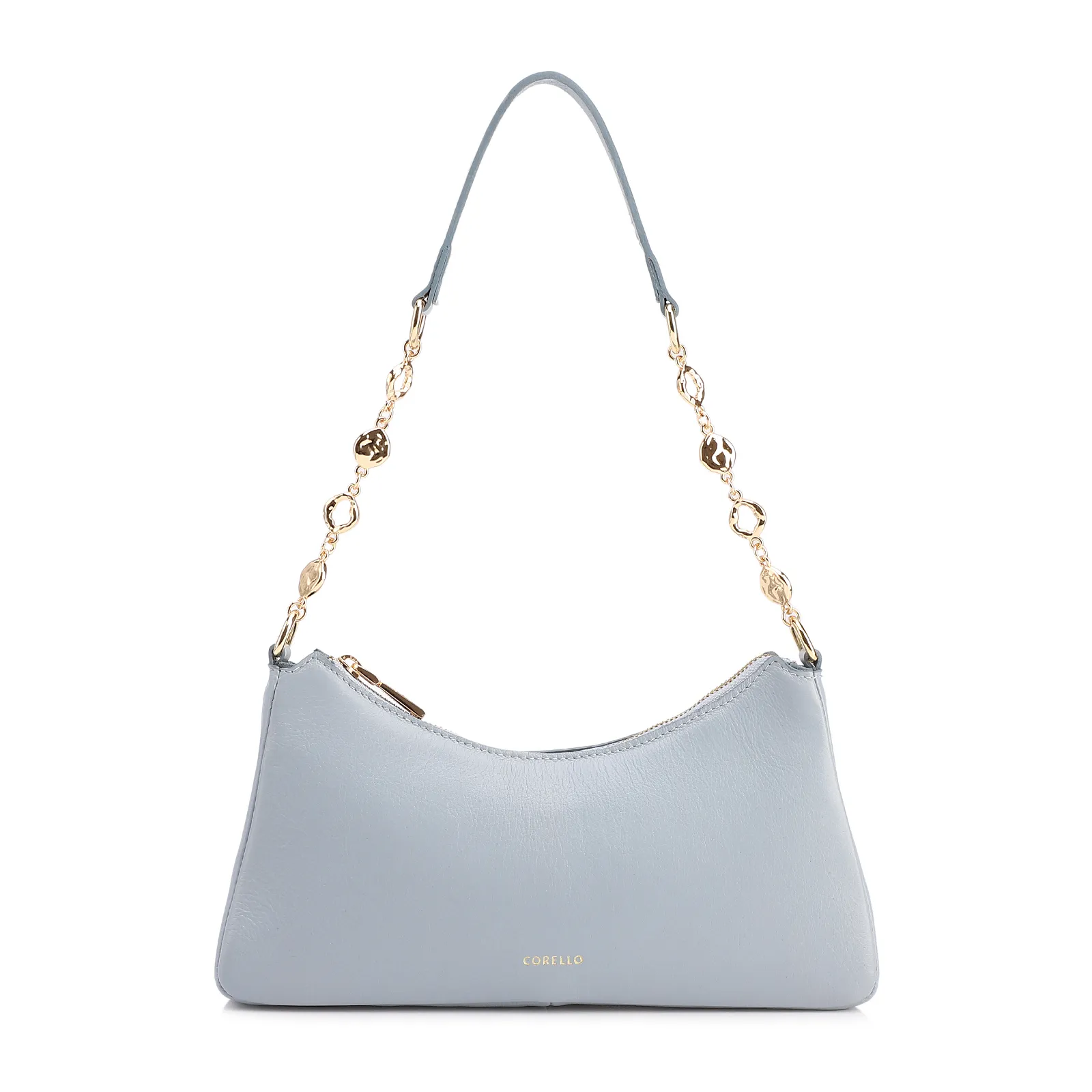 Bolsa De Ombro Pequena Couro Azul Alça Metal Dourado