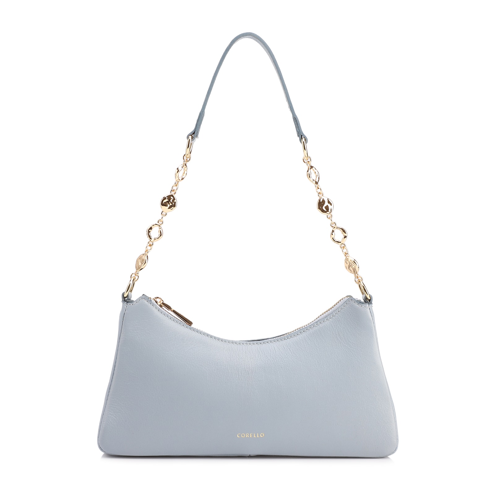 Bolsa De Ombro Pequena Couro Azul Alça Metal Dourado