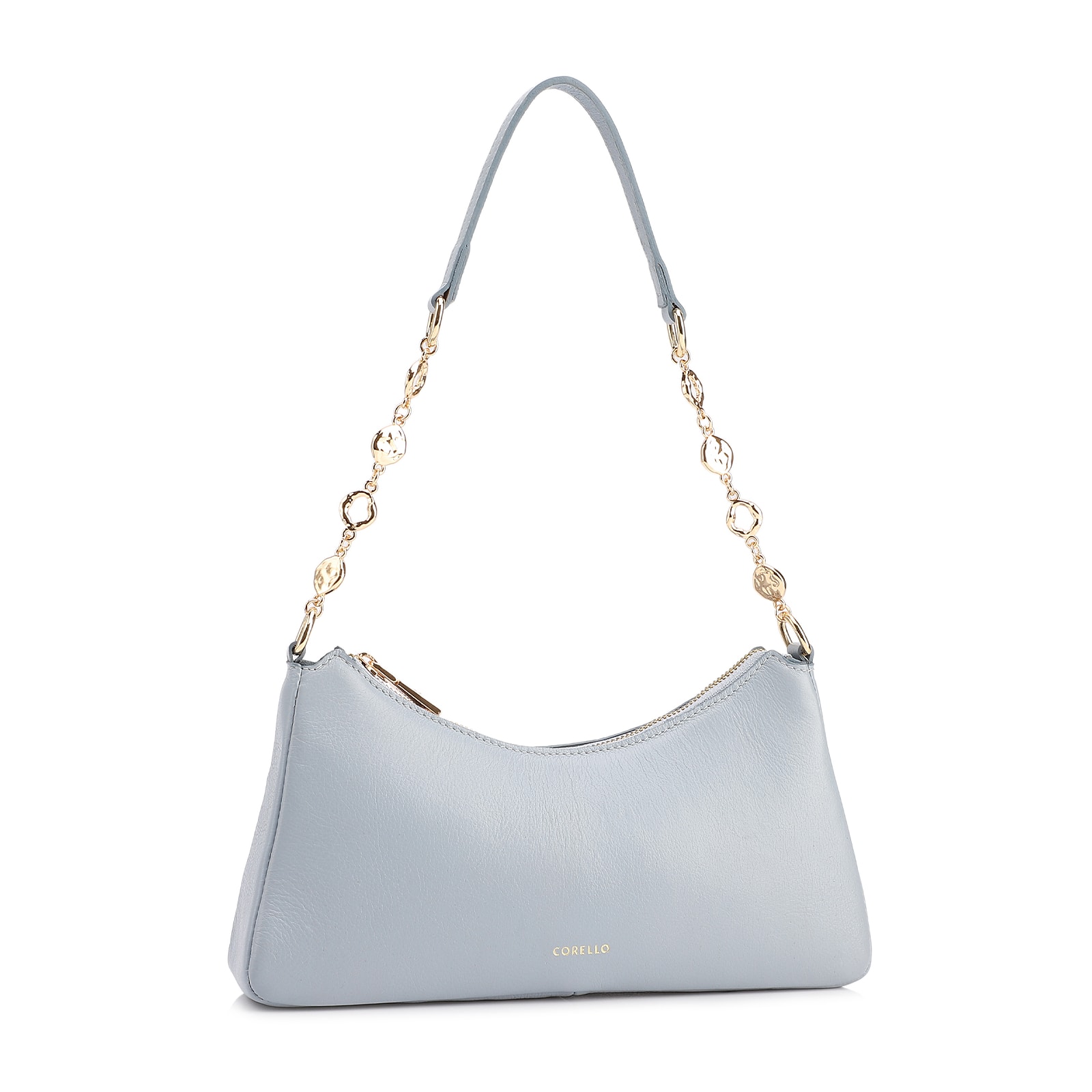 Bolsa De Ombro Pequena Couro Azul Alça Metal Dourado