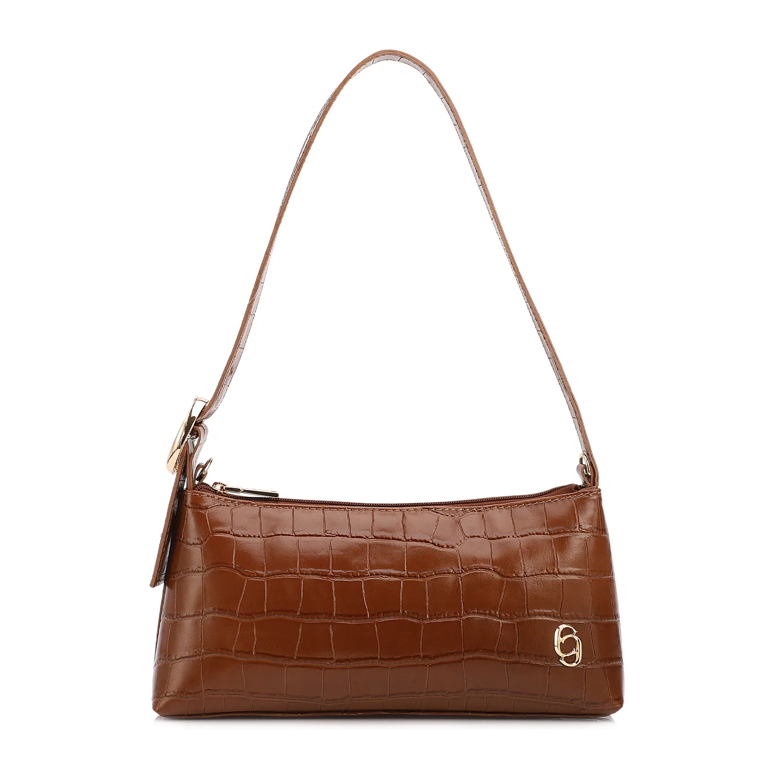 Bolsa De Ombro Pequena Couro Croco Marrom Claro Alça Fivela Lateral