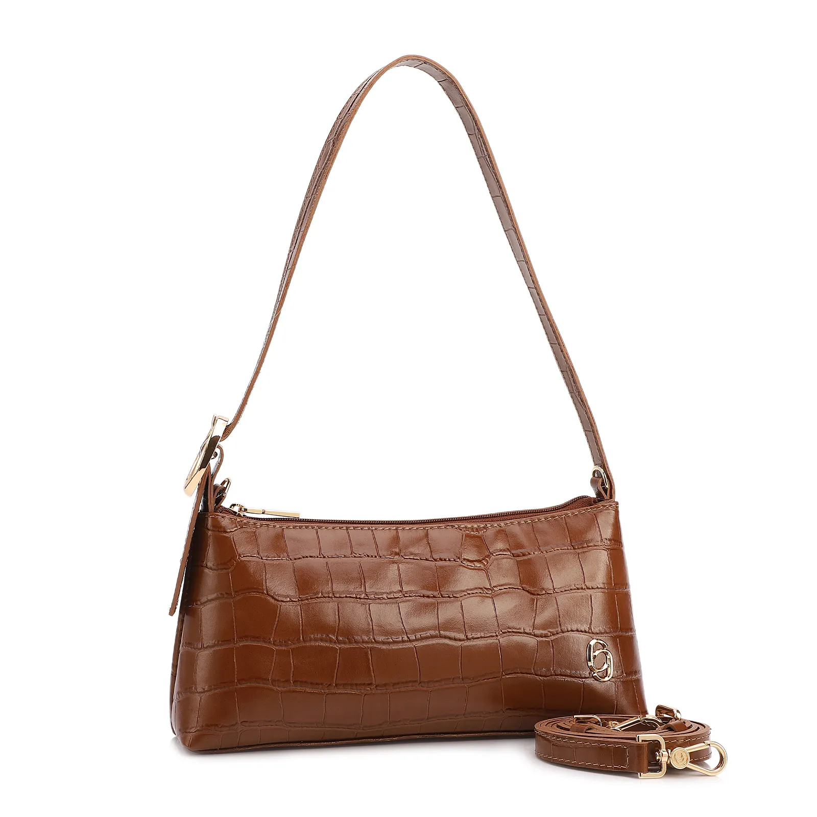 Bolsa De Ombro Pequena Couro Croco Marrom Claro Alça Fivela Lateral