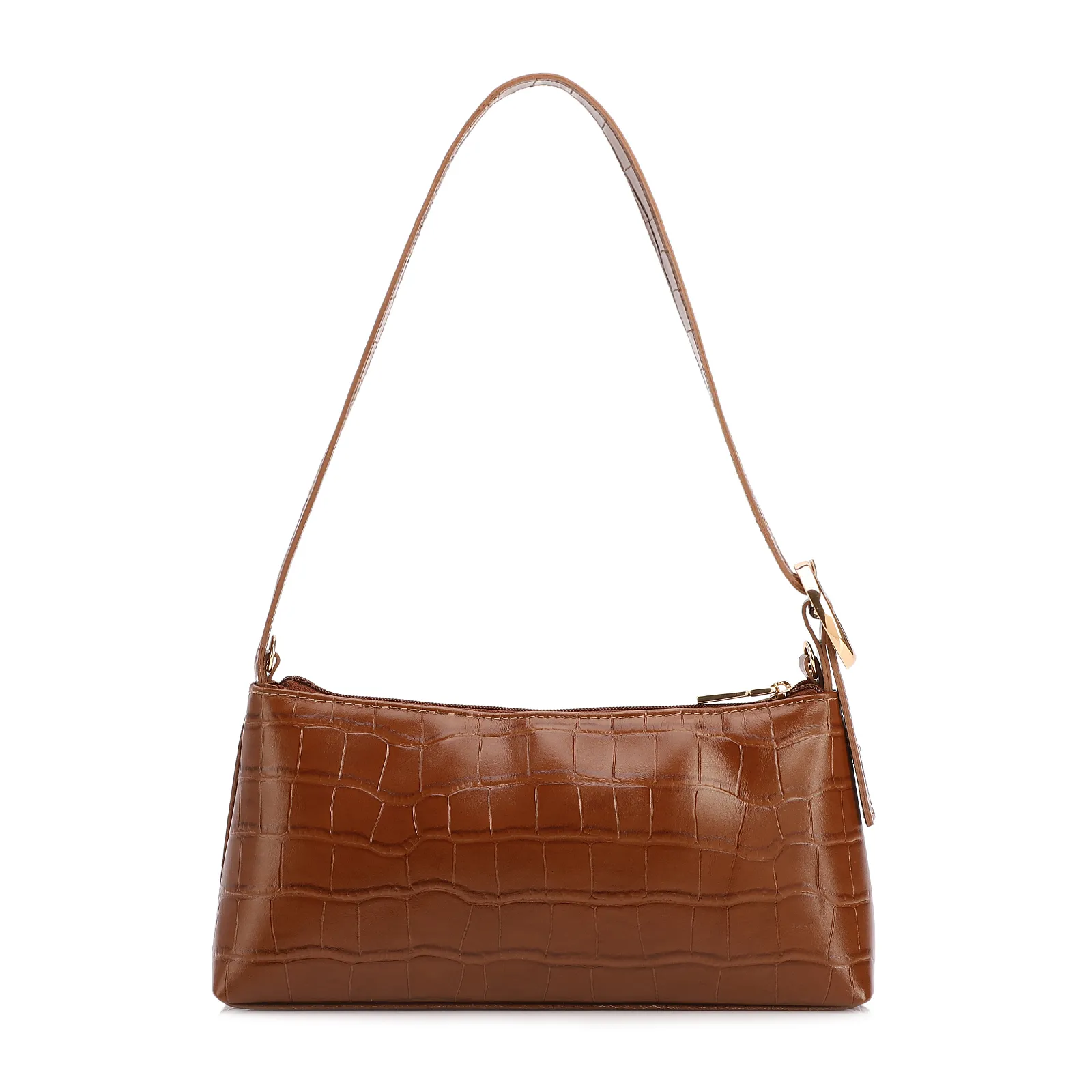 Bolsa De Ombro Pequena Couro Croco Marrom Claro Alça Fivela Lateral