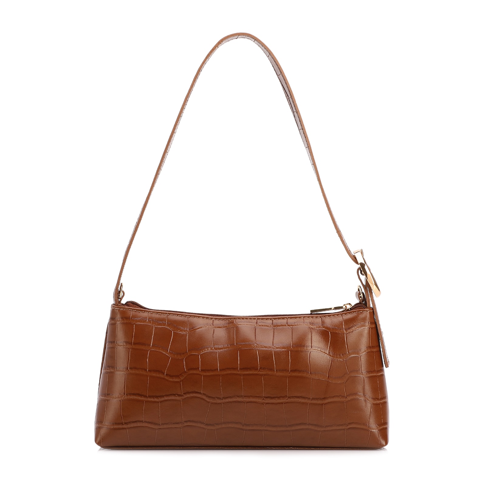 Bolsa De Ombro Pequena Couro Croco Marrom Claro Alça Fivela Lateral